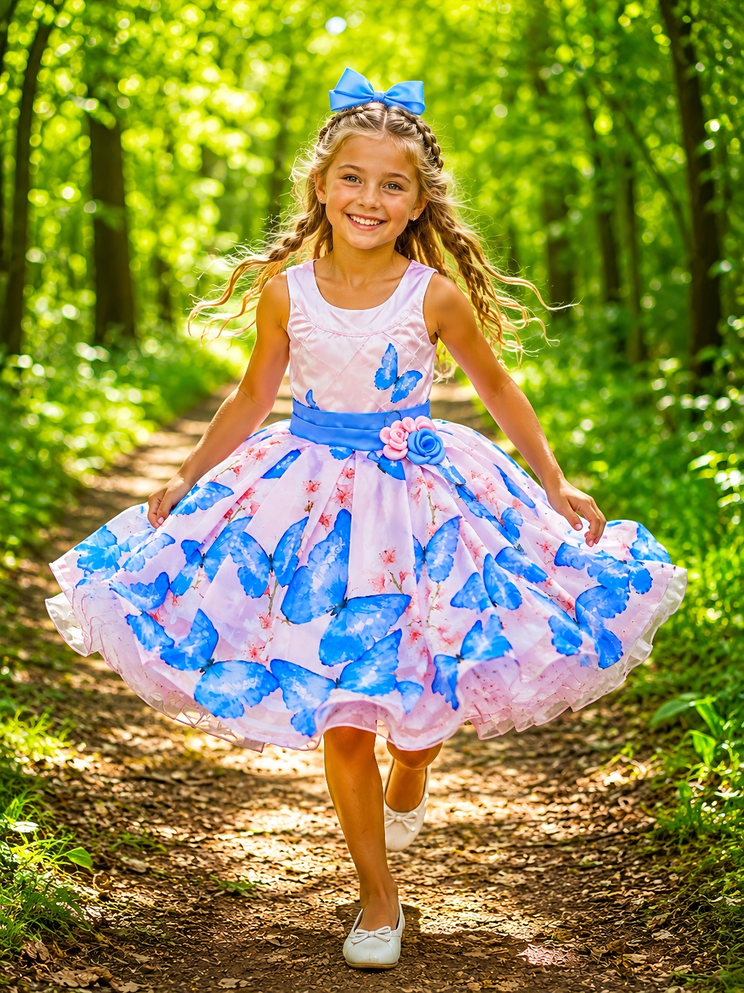 Vestido Infantil Rosa Jardim das Borboletas Azul Aplique
