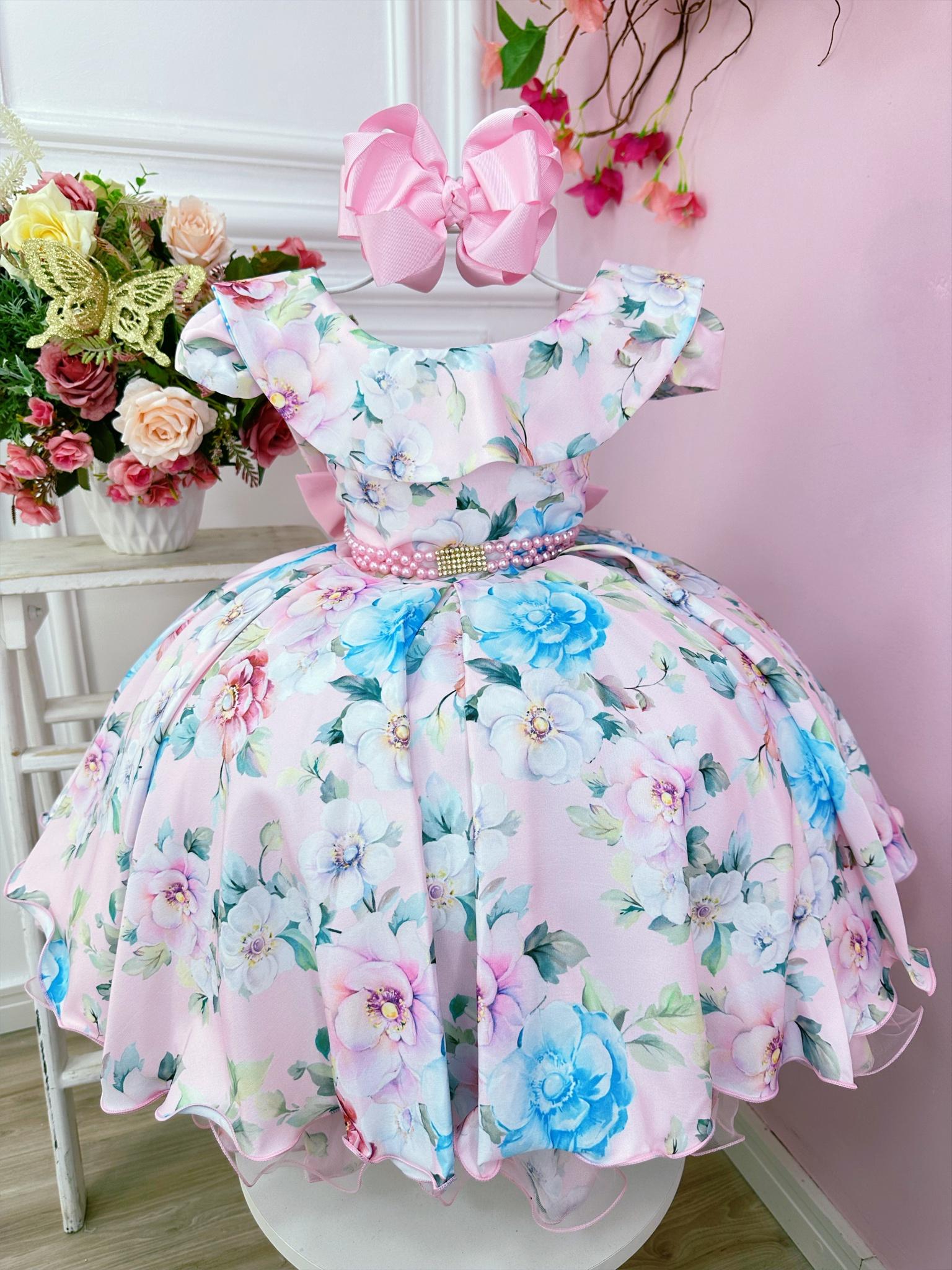 Vestido Infantil Rosa Jardim Encantado e Cinto Pérolas Damas