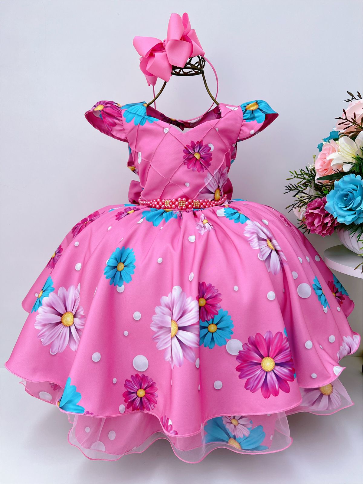 Vestido Infantil Rosa Margaridas Cinto Pérolas Stass Luxo