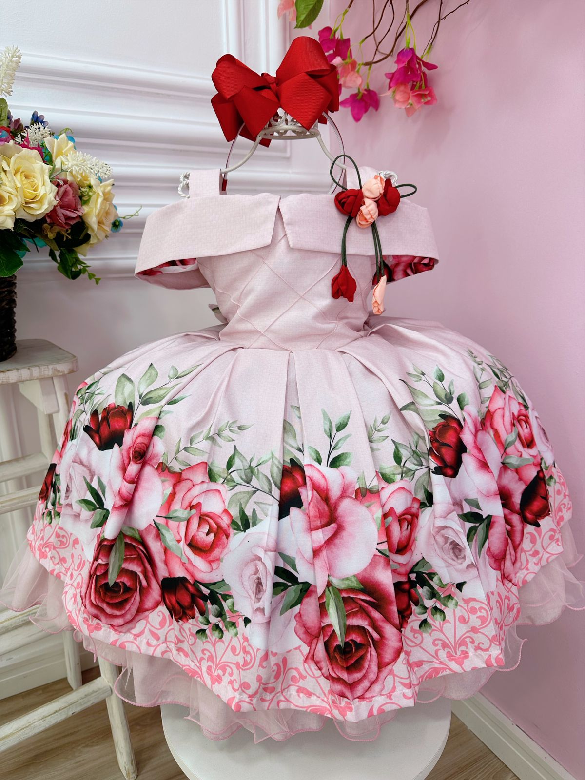Vestido Infantil Rosa Busto Nervura Florido C/ Broche