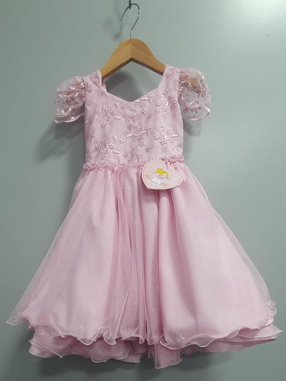 Vestido Infantil Rosa Renda Cinto de Pérolas Festas