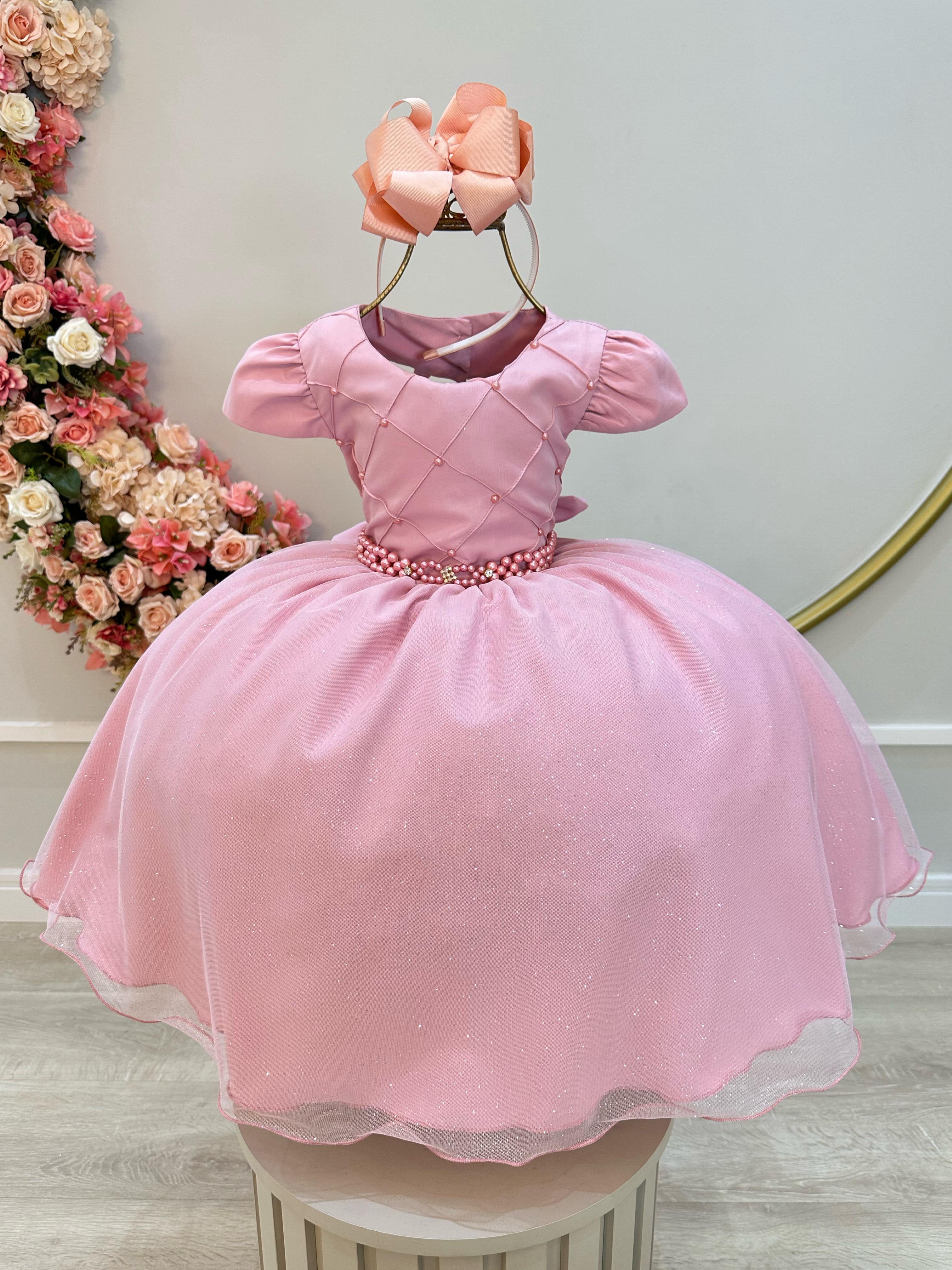 Vestido Infantil Rose Busto Nervura Cinto de Pérolas e Strass