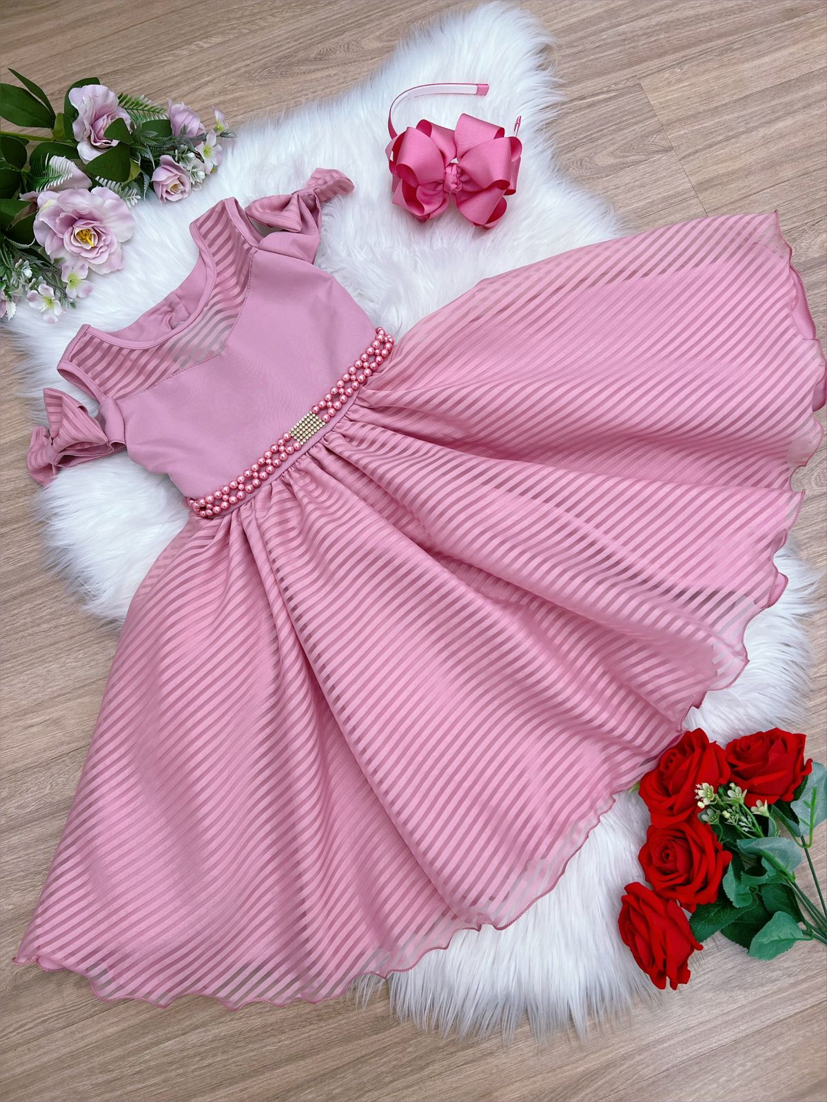 Vestido Infantil Rosê C/ Cinto de Pérolas Strass Luxo