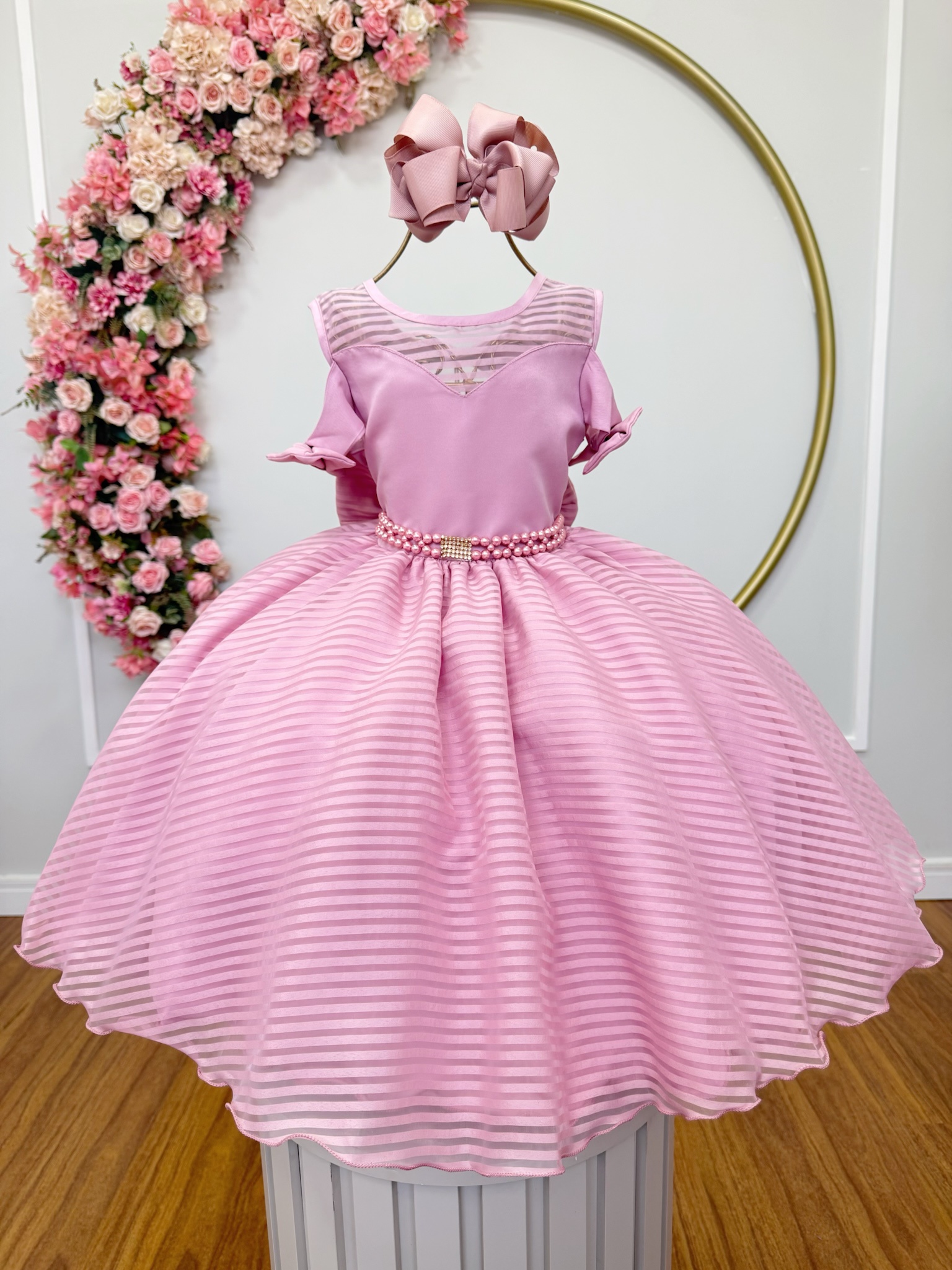 Vestido Infantil Rosê C/ Cinto de Pérolas Strass Luxo