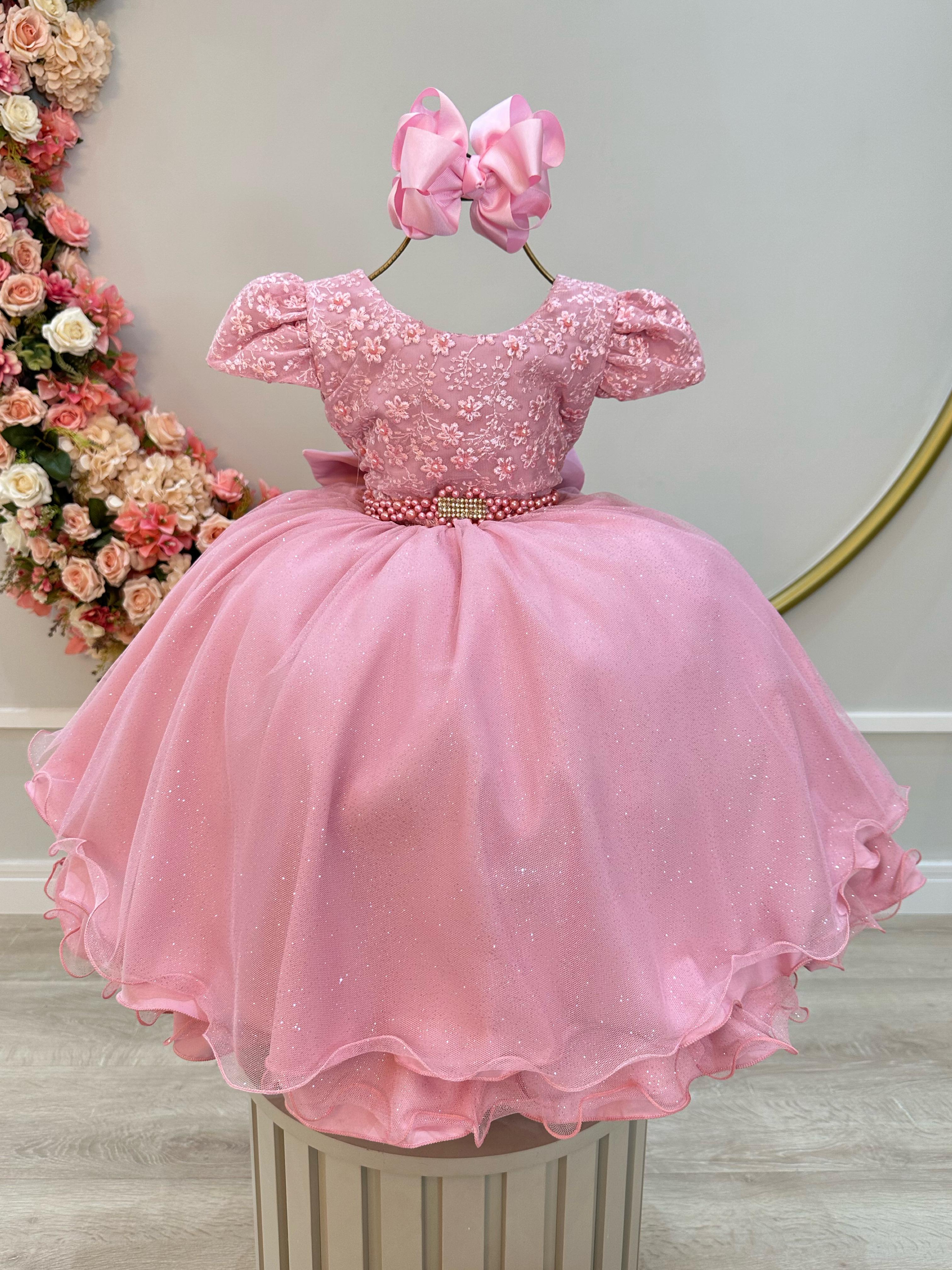 Vestido Infantil Rose Com Renda Cinto de Pérolas e Strass