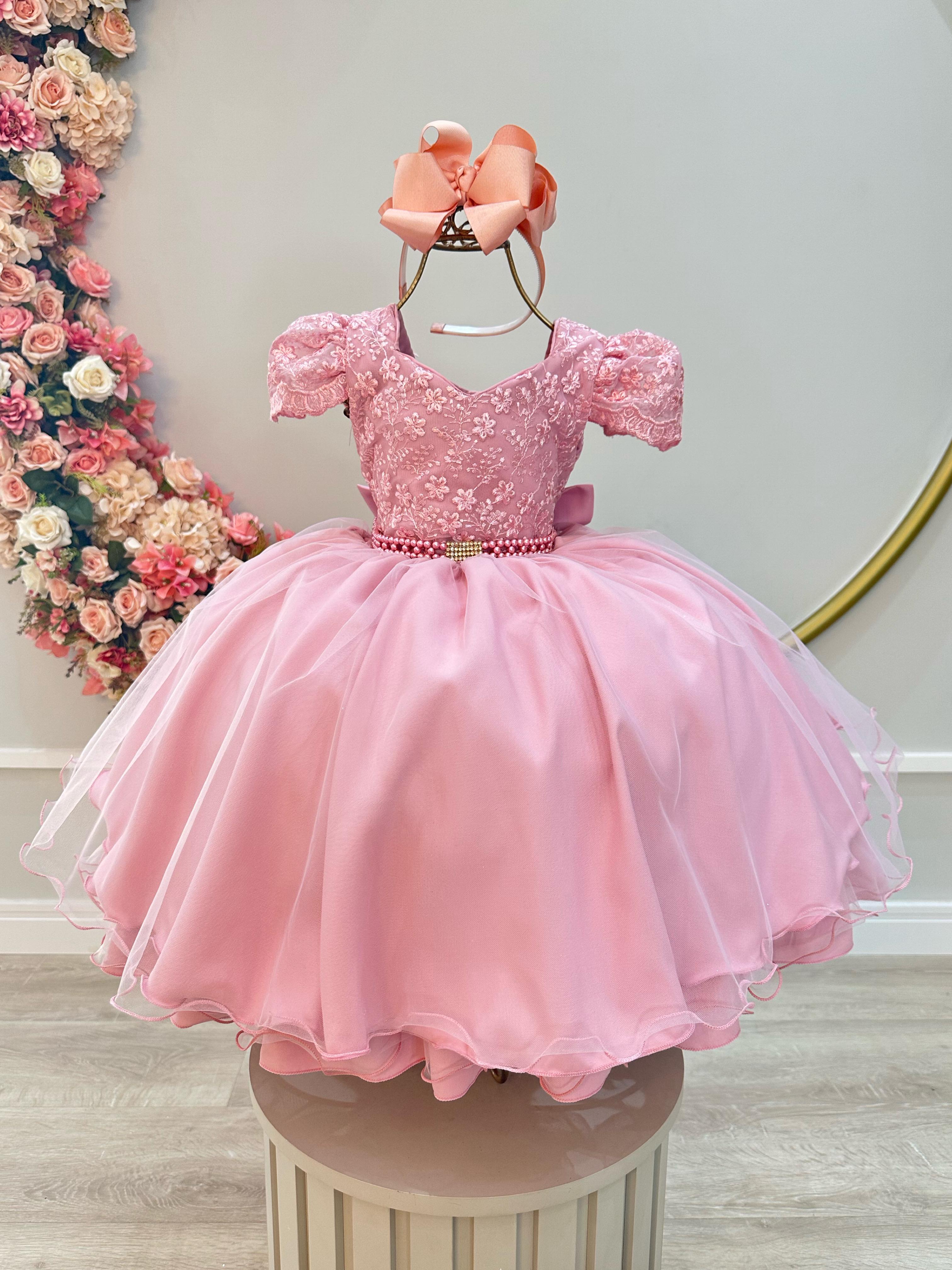 Vestido Infantil Rose Com Renda Cinto de Pérolas Festas