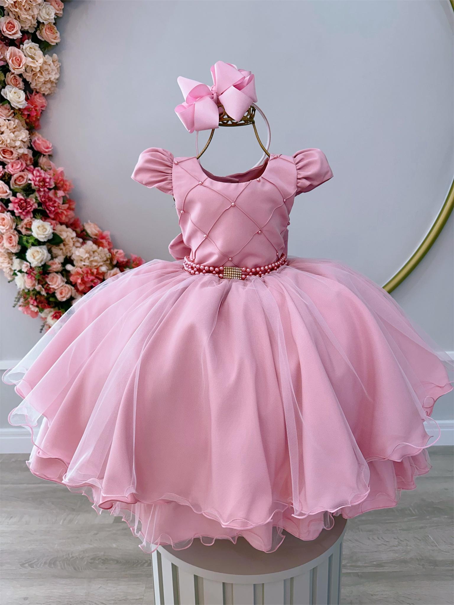 Vestido Infantil Rose Peito Nervura Pérolas Strass Luxo