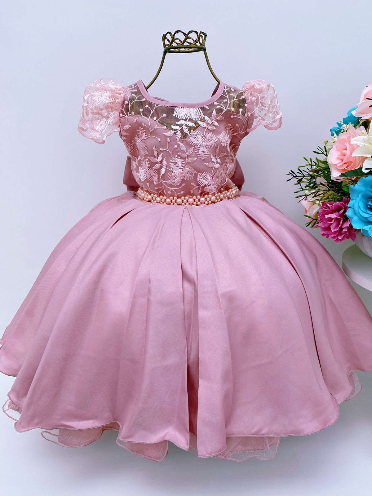 Vestido Infantil Rosê Renda Damas de Honra Casamento Pérolas