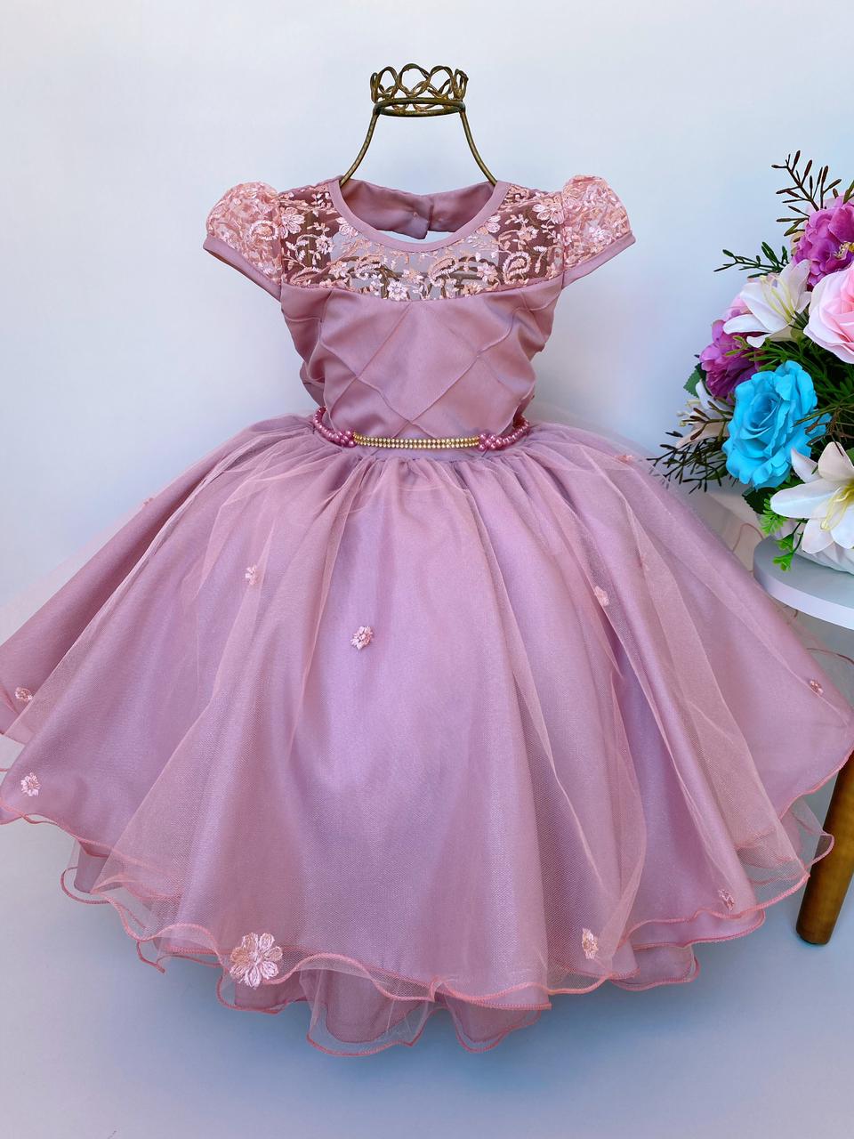 Vestido Infantil Rosê Rendado Tule Cinto de Pérolas