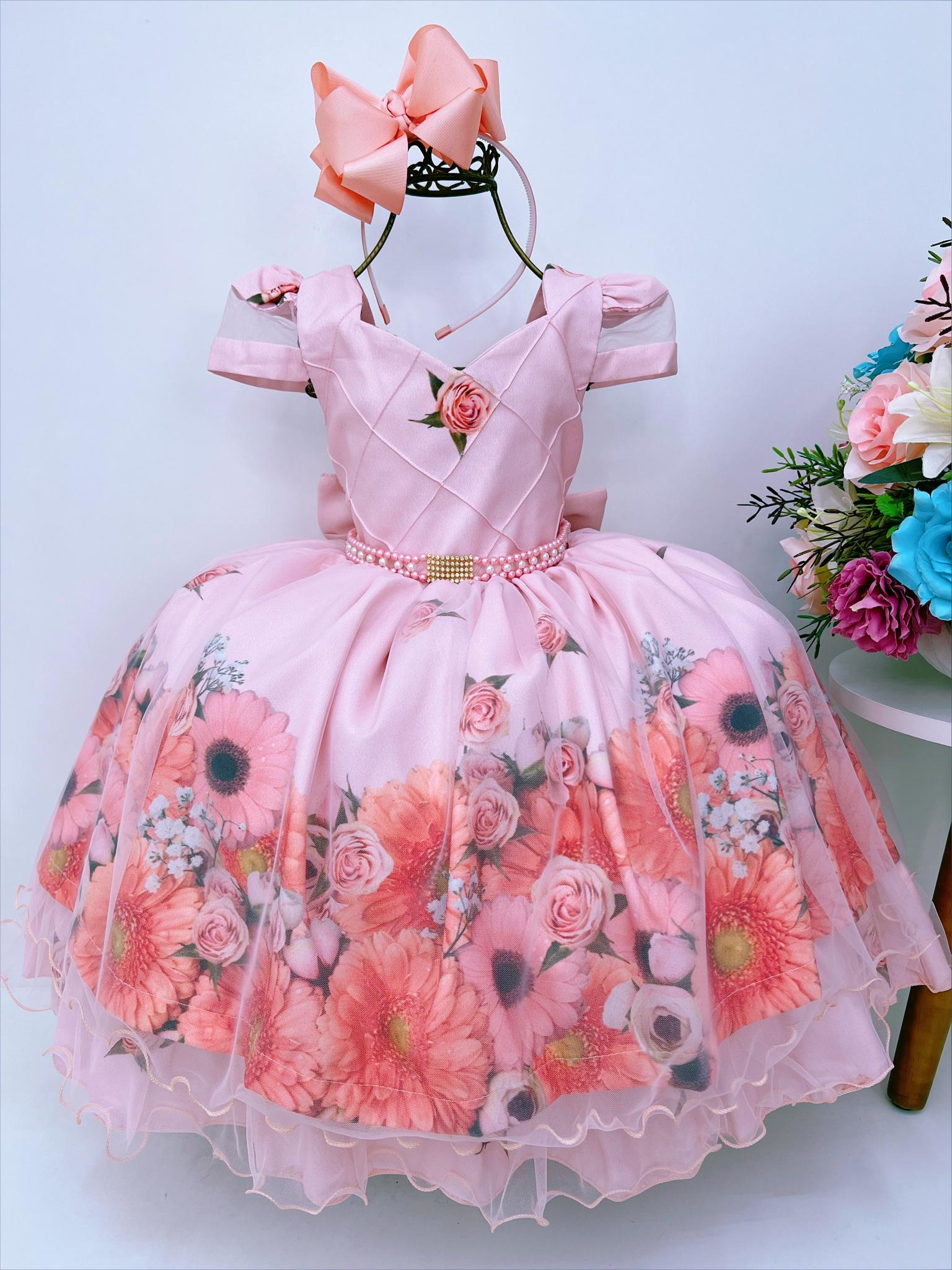 Vestido Infantil Salmão Floral Luxo Cinto Pérolas Strass