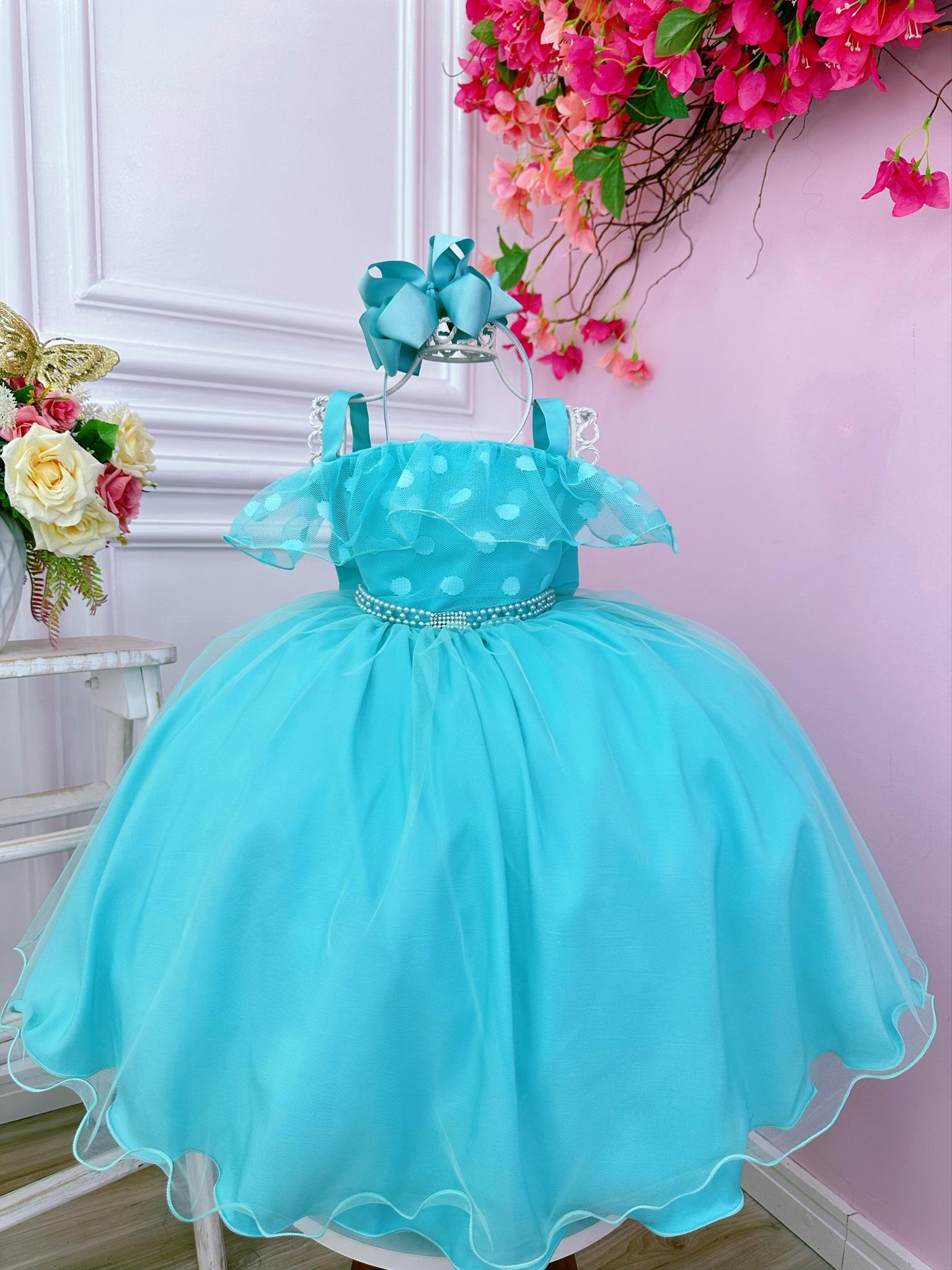 Vestido Infantil Verde Bolinhas C/ Pérolas e Strass