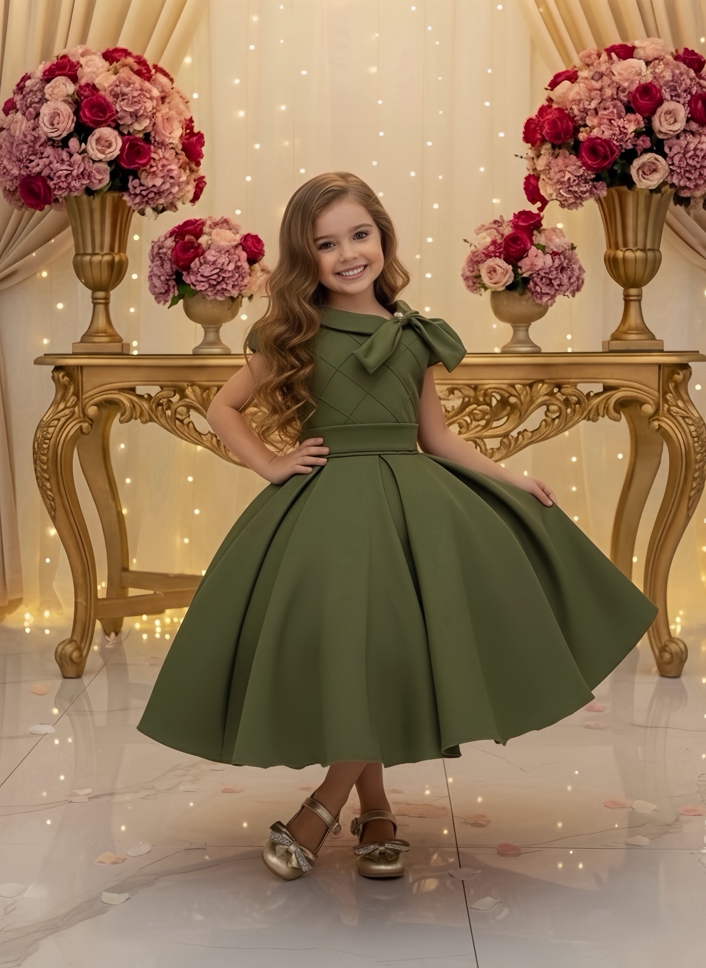 Vestido Infantil Verde Oliva Busto Nervura Formaturas Damas