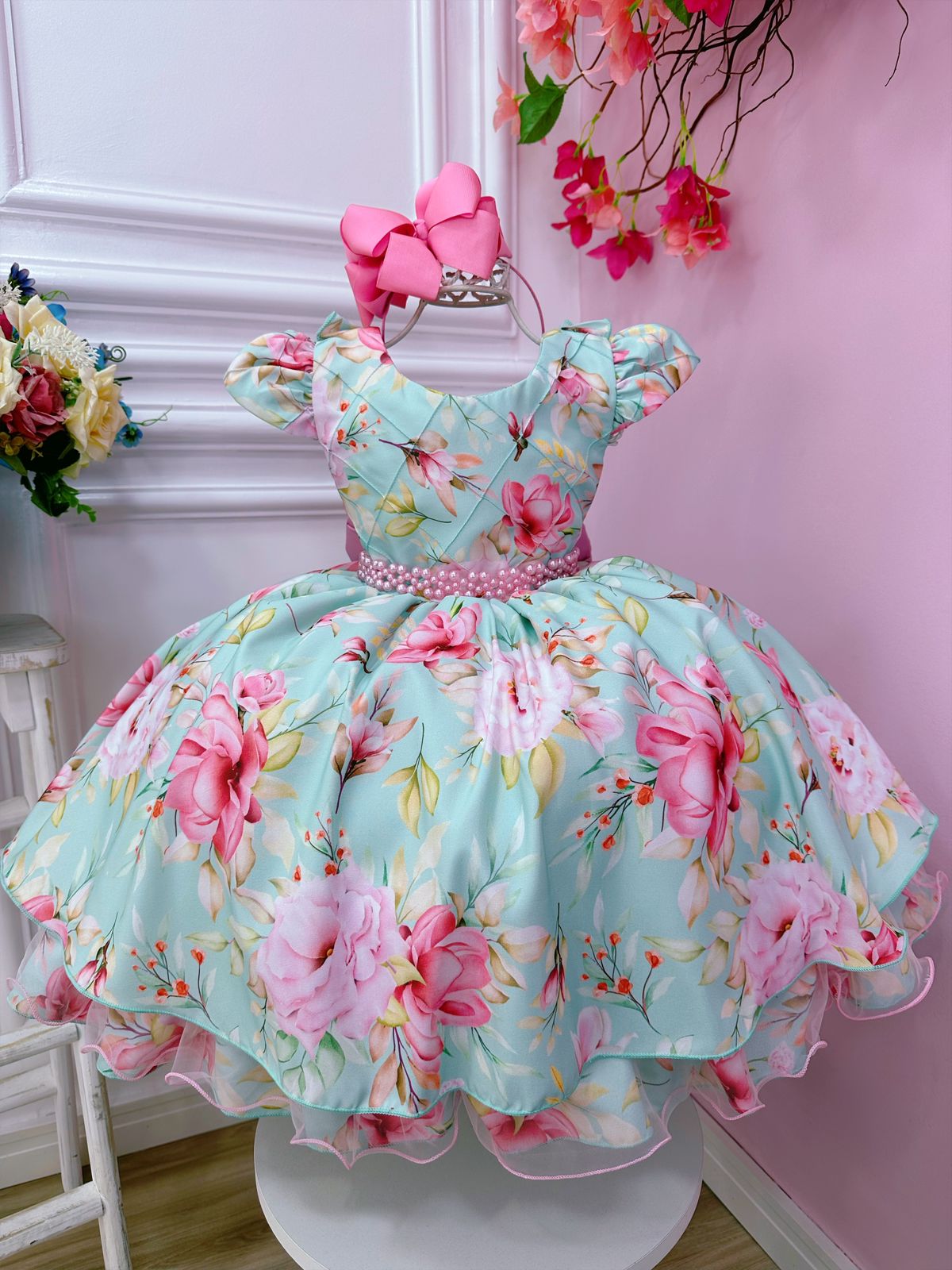 Vestido Infantil Verde Peito Nervura Florido C/ Cinto Pérolas