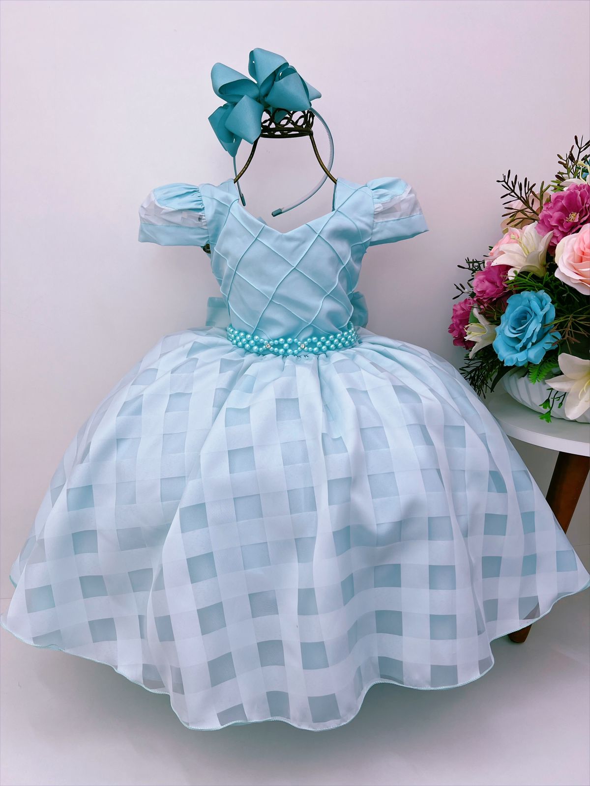 Vestido Infantil Verde Busto Nervura Pérolas e Strass Luxo