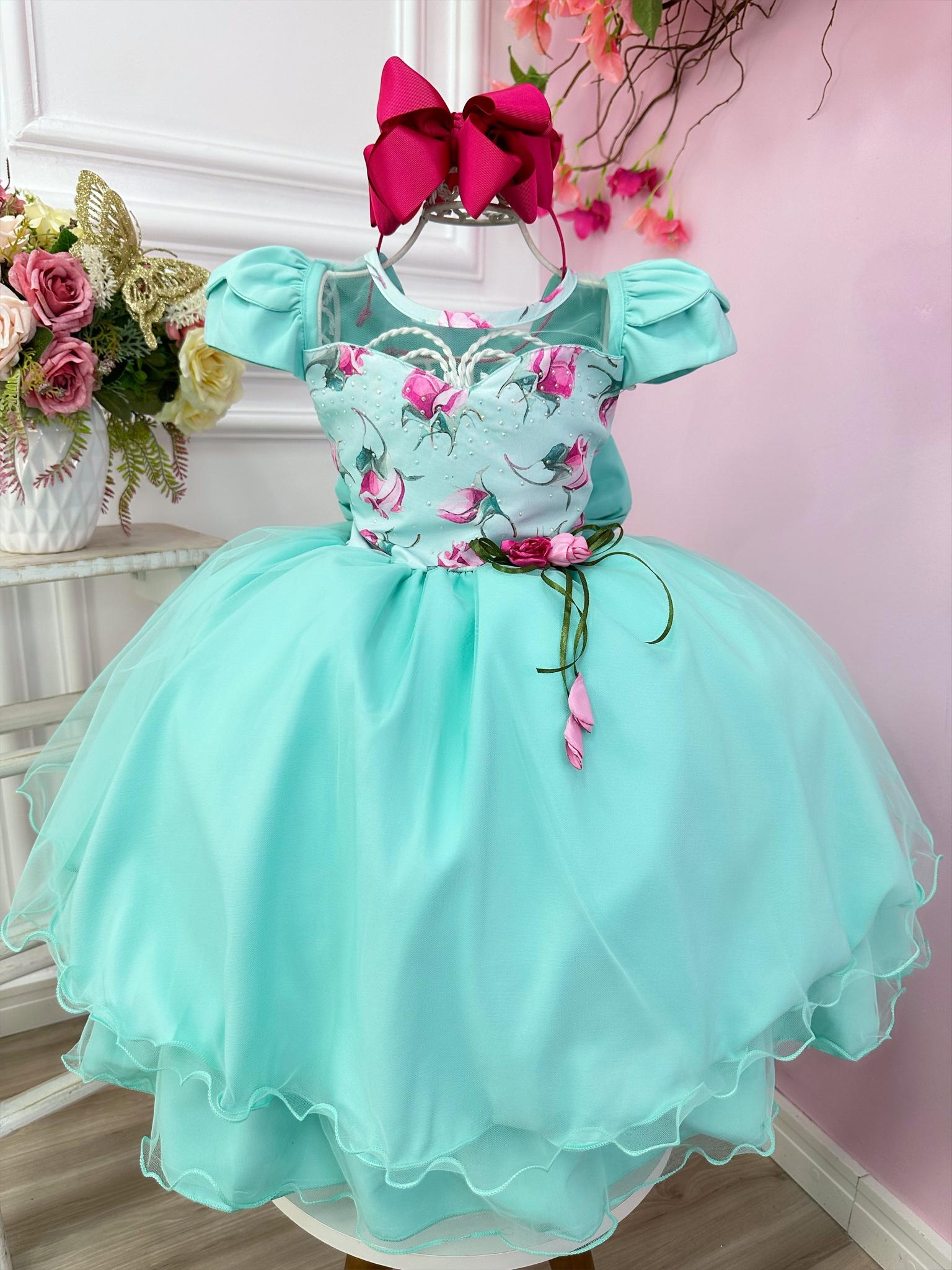 Vestido Infantil Verde Tiffany Florido C/ Broche Flor Festas