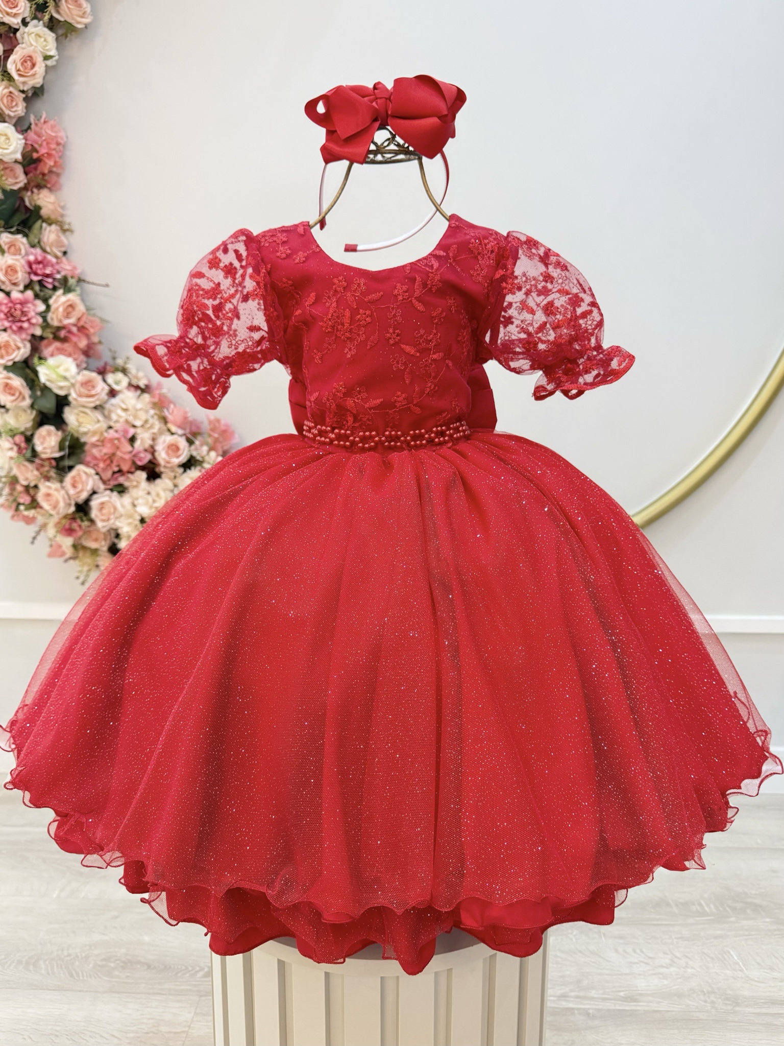 Vestido Infantil Vermelho Busto C/ Renda Glitter Daminhas