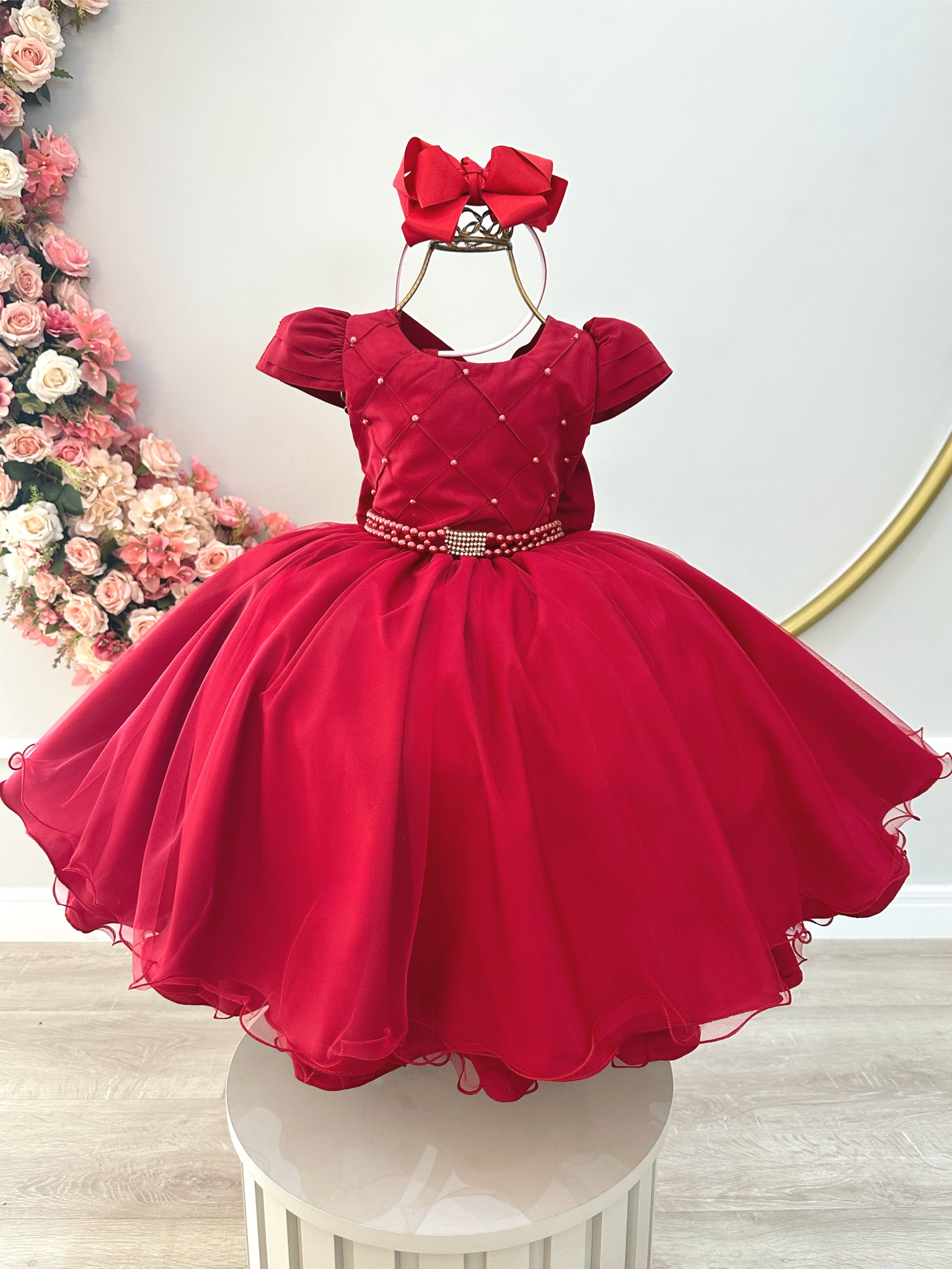 Vestido Infantil Vermelho Busto Com Nervura Damas Festas