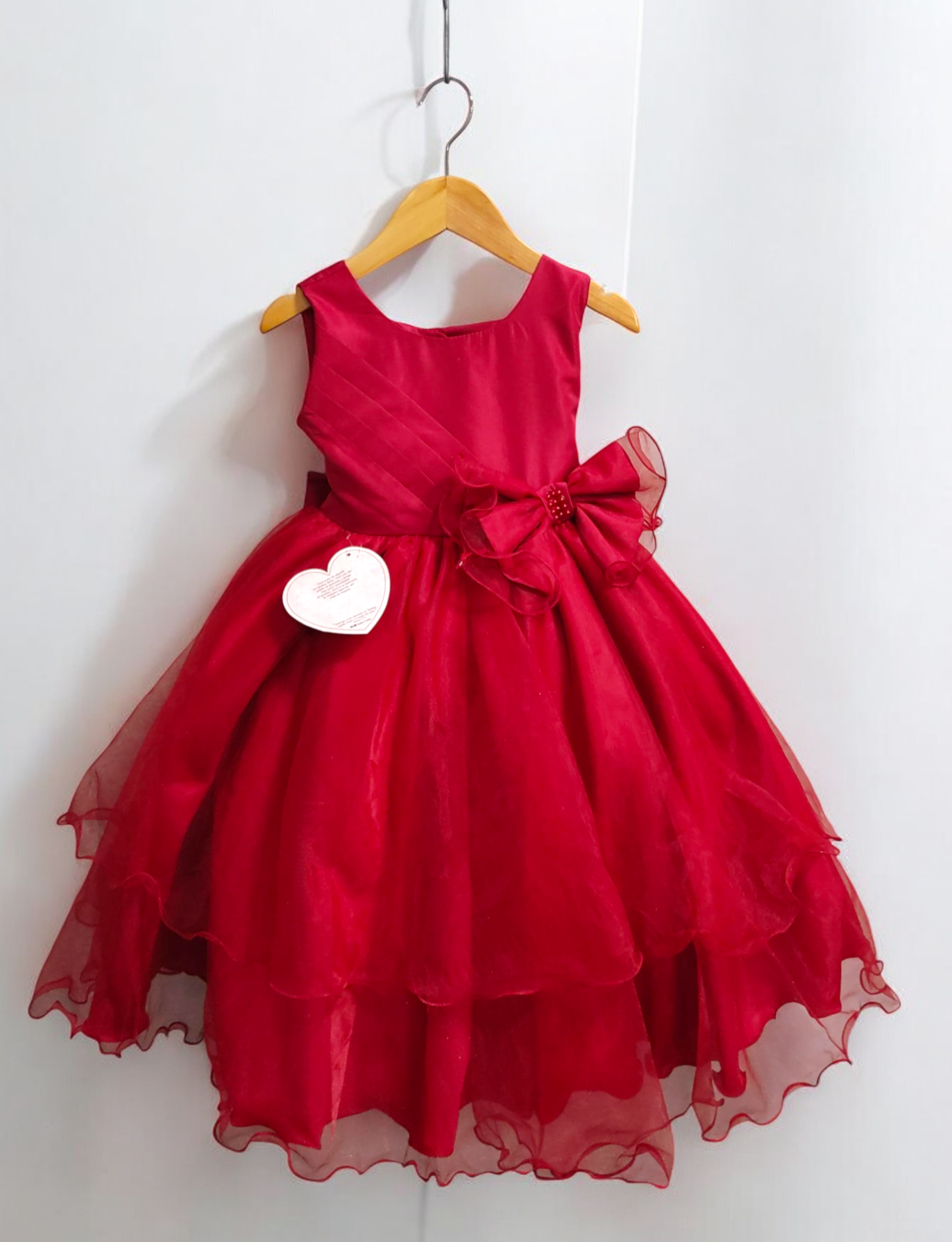 Vestido Infantil Vermelho Busto Drapeado Aplique Laço Damas