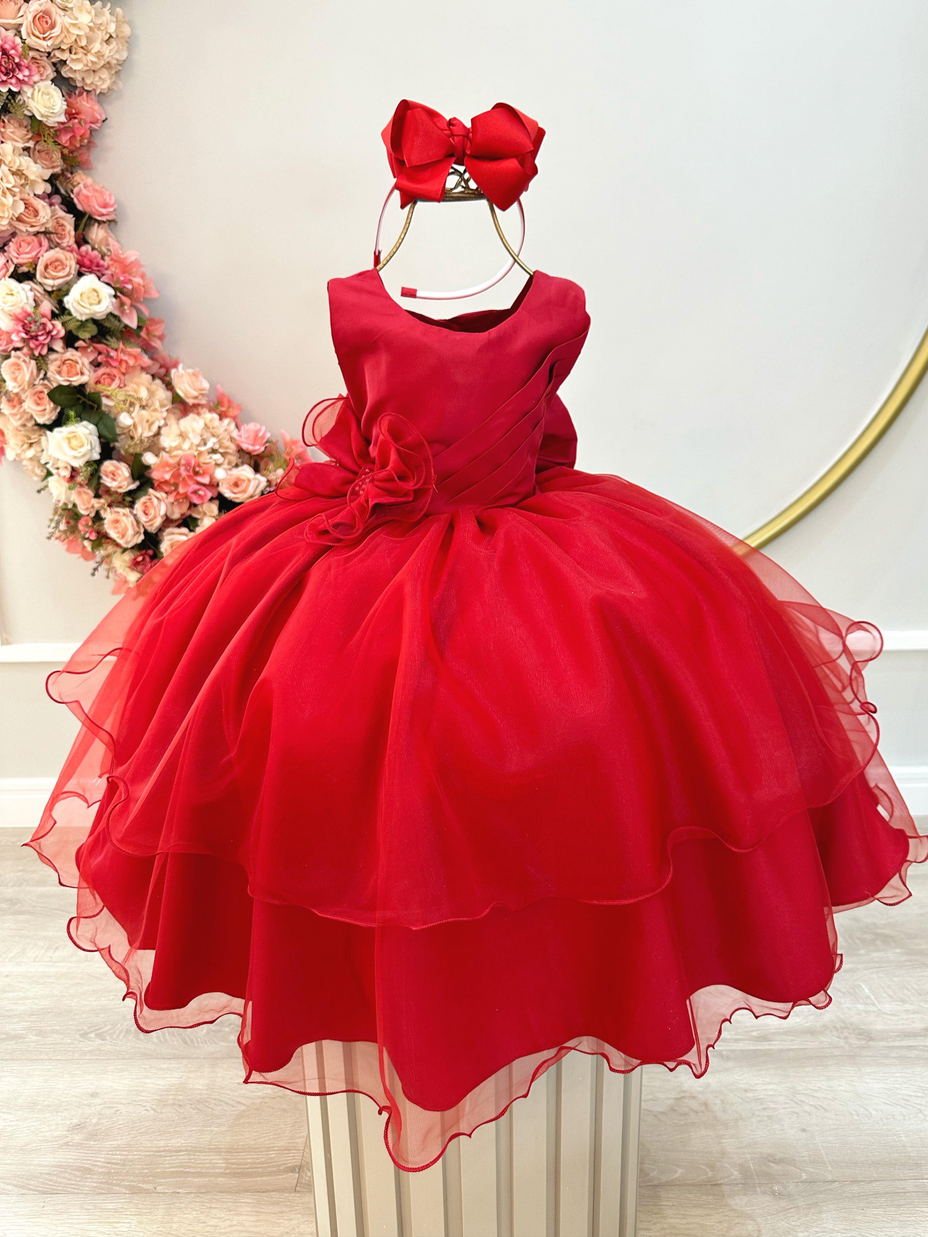 Vestido Infantil Vermelho Busto Drapeado Aplique Laço Damas