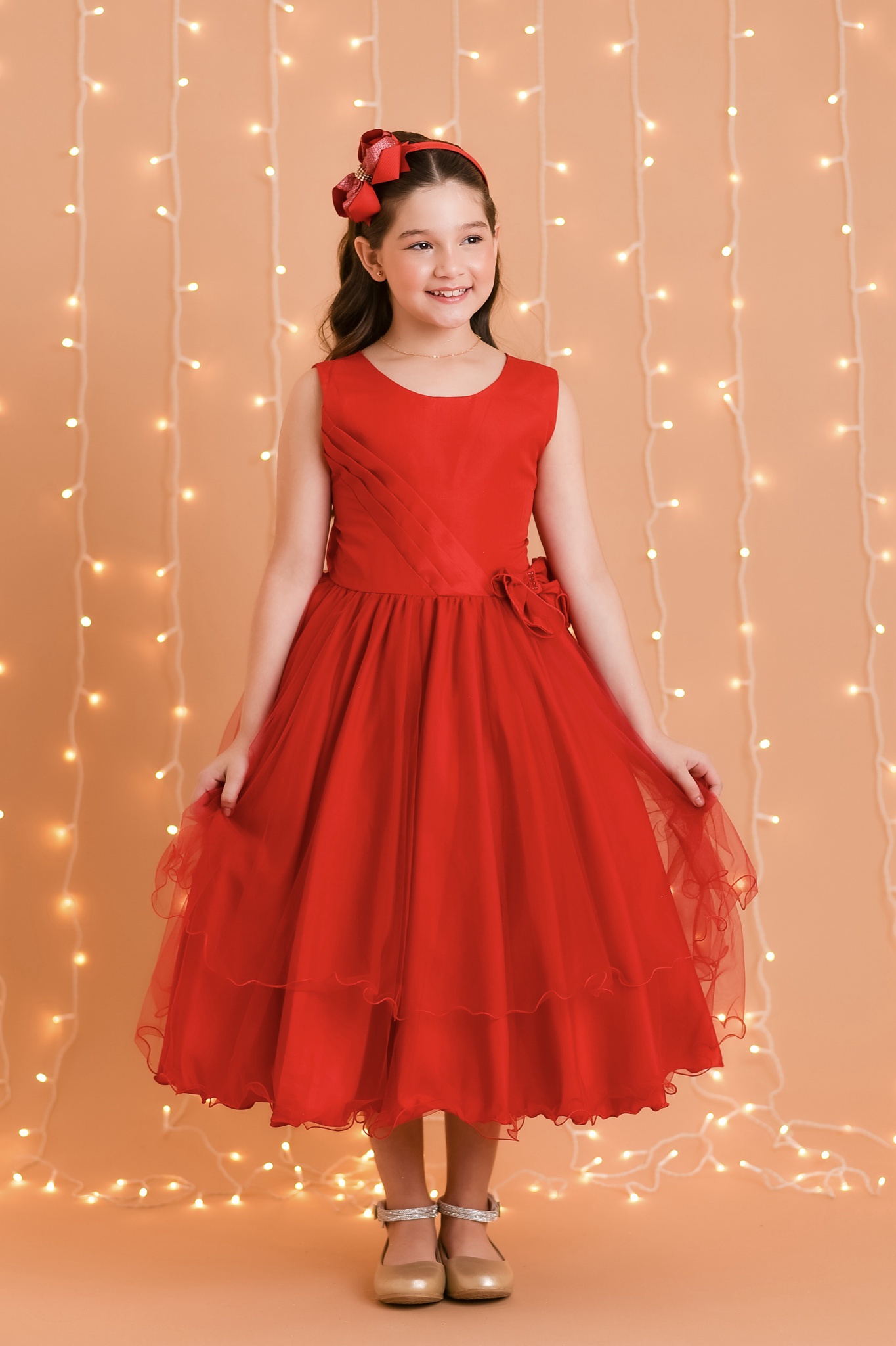 Vestido Infantil Vermelho Busto Drapeado Aplique Laço Damas