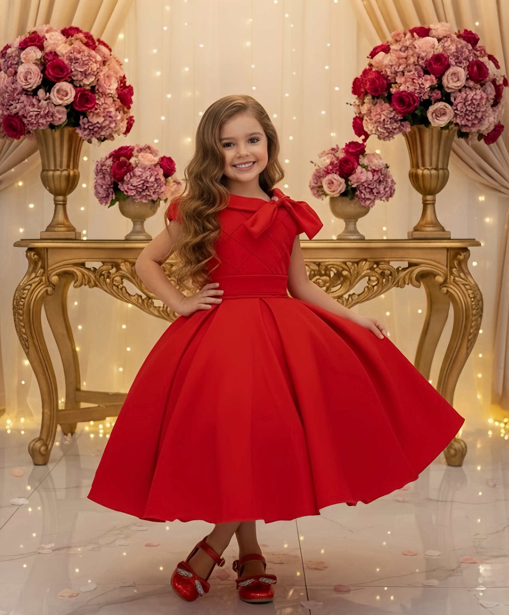Vestido Infantil Vermelho Busto Nervura Formaturas Damas