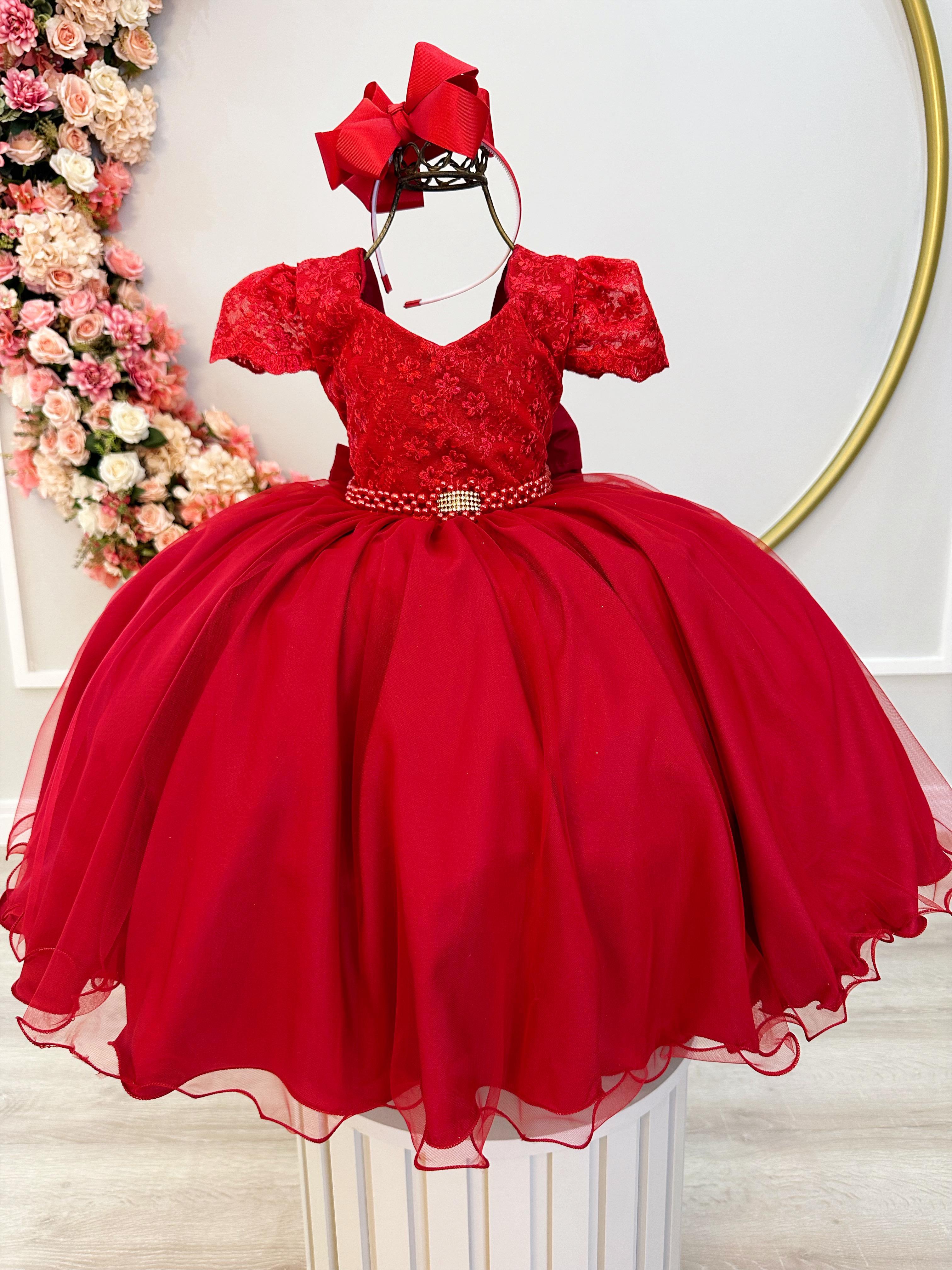 Vestido Infantil Vermelho C/ Renda e Cinto de Pérolas Damas