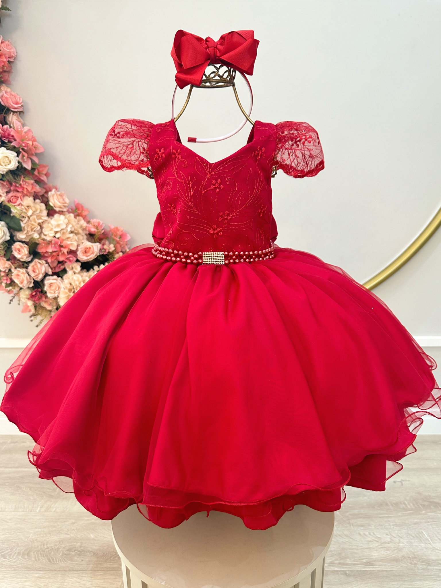 Vestido Infantil Vermelho Com Renda Cinto de Pérolas Festas