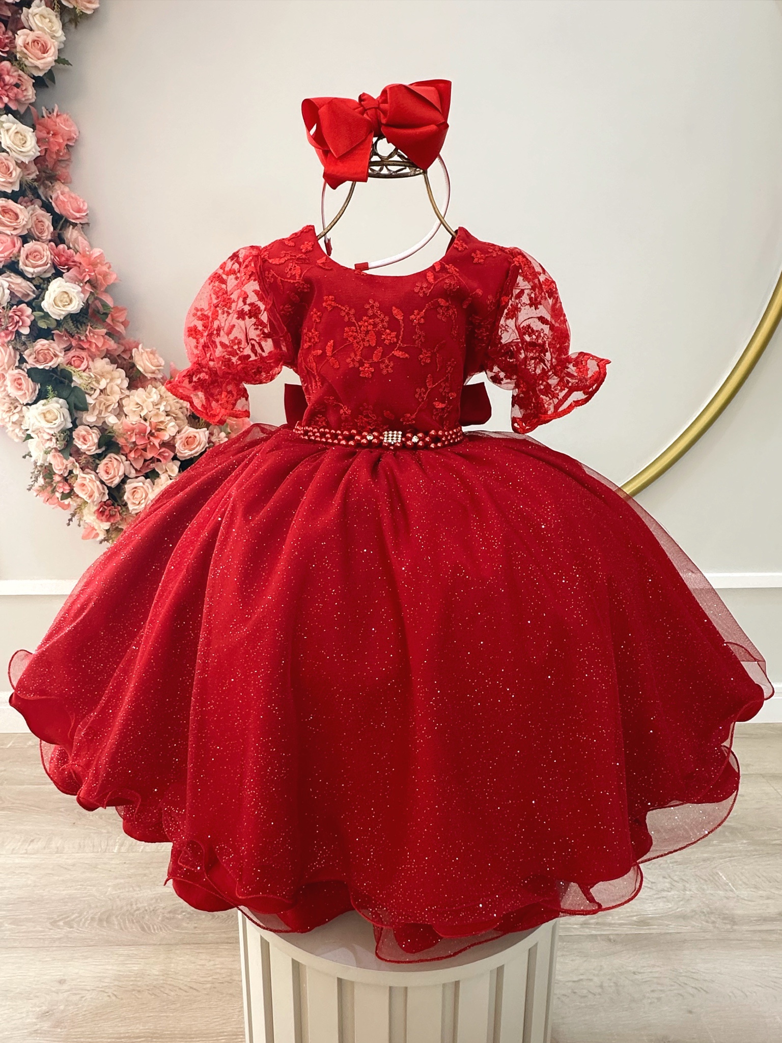 Vestido Infantil Vermelho Com Renda Luxo Daminhas Festas