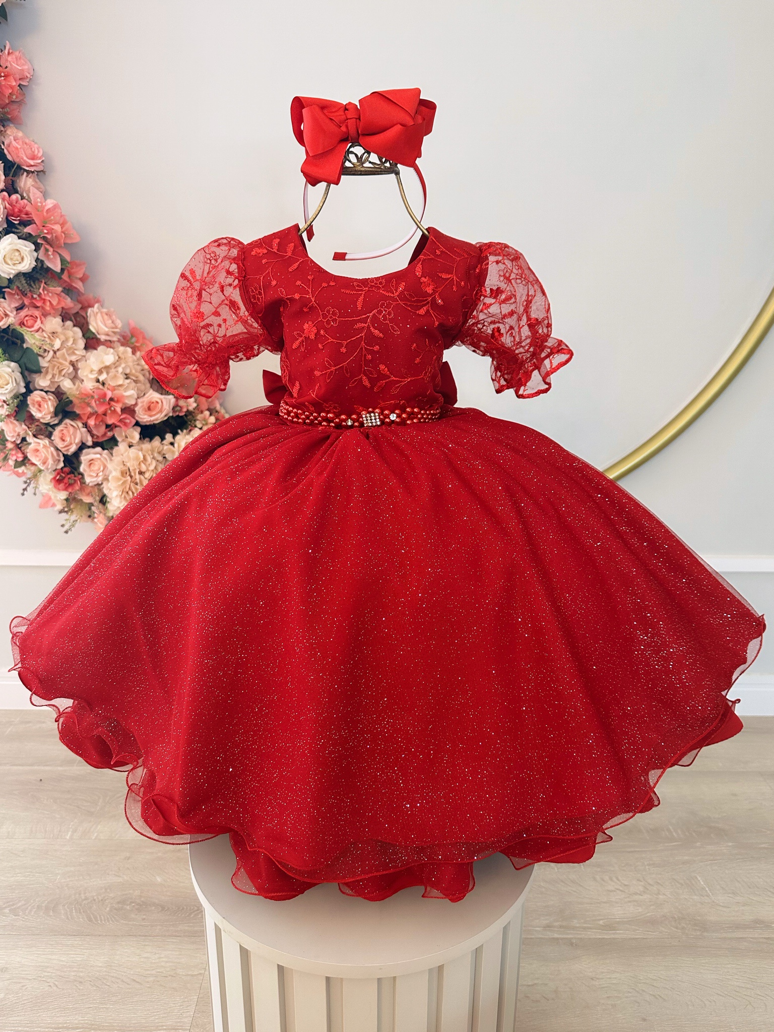 Vestido Infantil Vermelho Com Renda Luxo Festas Daminhas