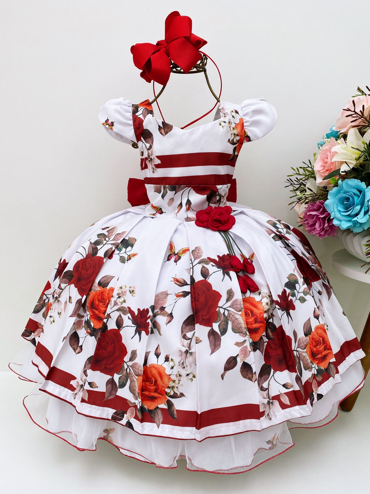 Vestido Infantil Vermelho Floral Aplique Flor Luxo FLoristas