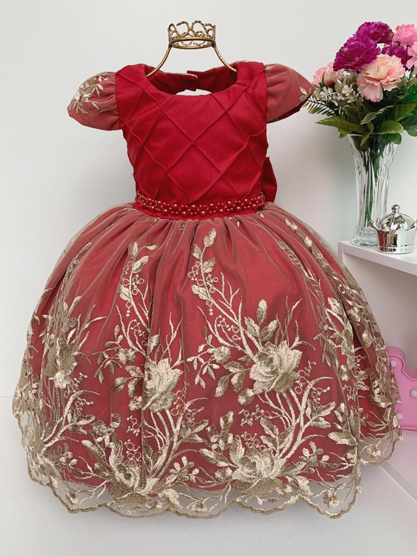 Vestido Infantil Vermelho Realeza Luxo Cinto de Pérolas