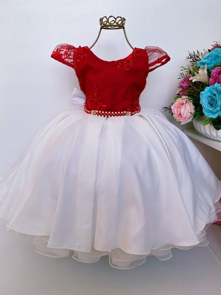 Vestido Infantil Vermelho Renda Luxo Saia Cru Festas