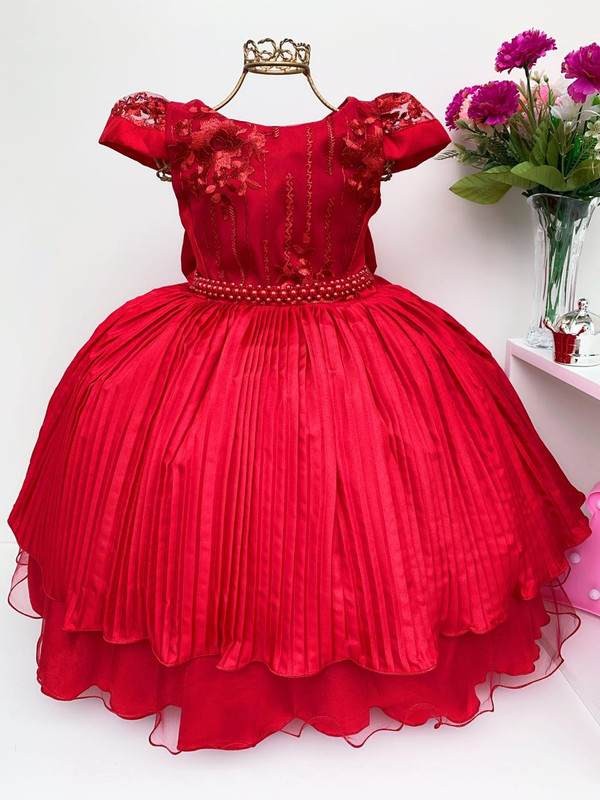 Vestido Infantil Vermelho Saia Plissada Luxo Cinto em Pérola