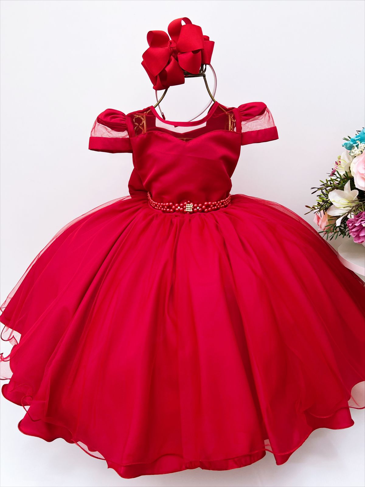 Vestido Infantil Vermelho Voal Cinto de Pérolas C/ Mangas