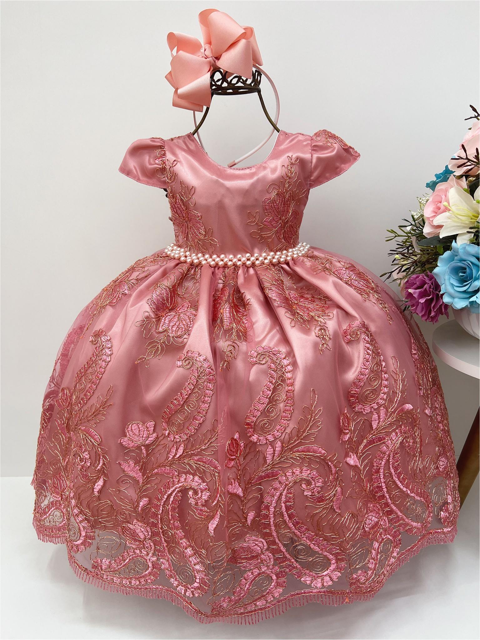Vestido Infantil Rosê Renda Realeza Cinto Pérolas
