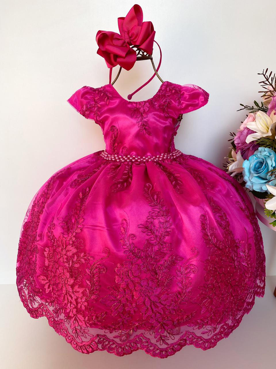 Vestido Infantil Pink Renda Realeza Cinto de Pérolas