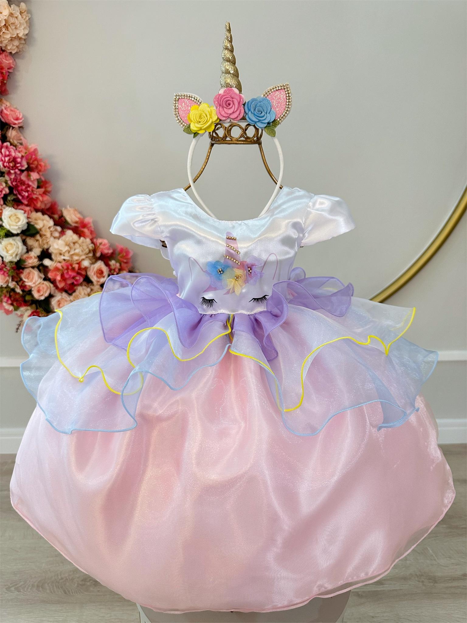 Vestido Infantil Unicórnio Colorido Luxo Festa