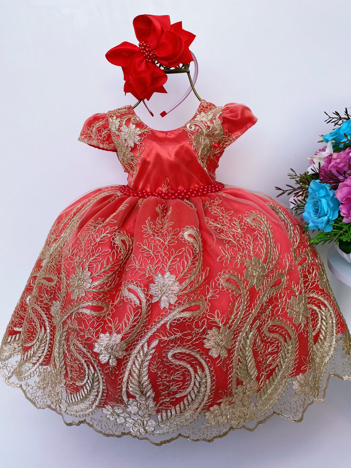 Vestido Infantil Vermelho Renda Realeza Dourada Cinto Pérola