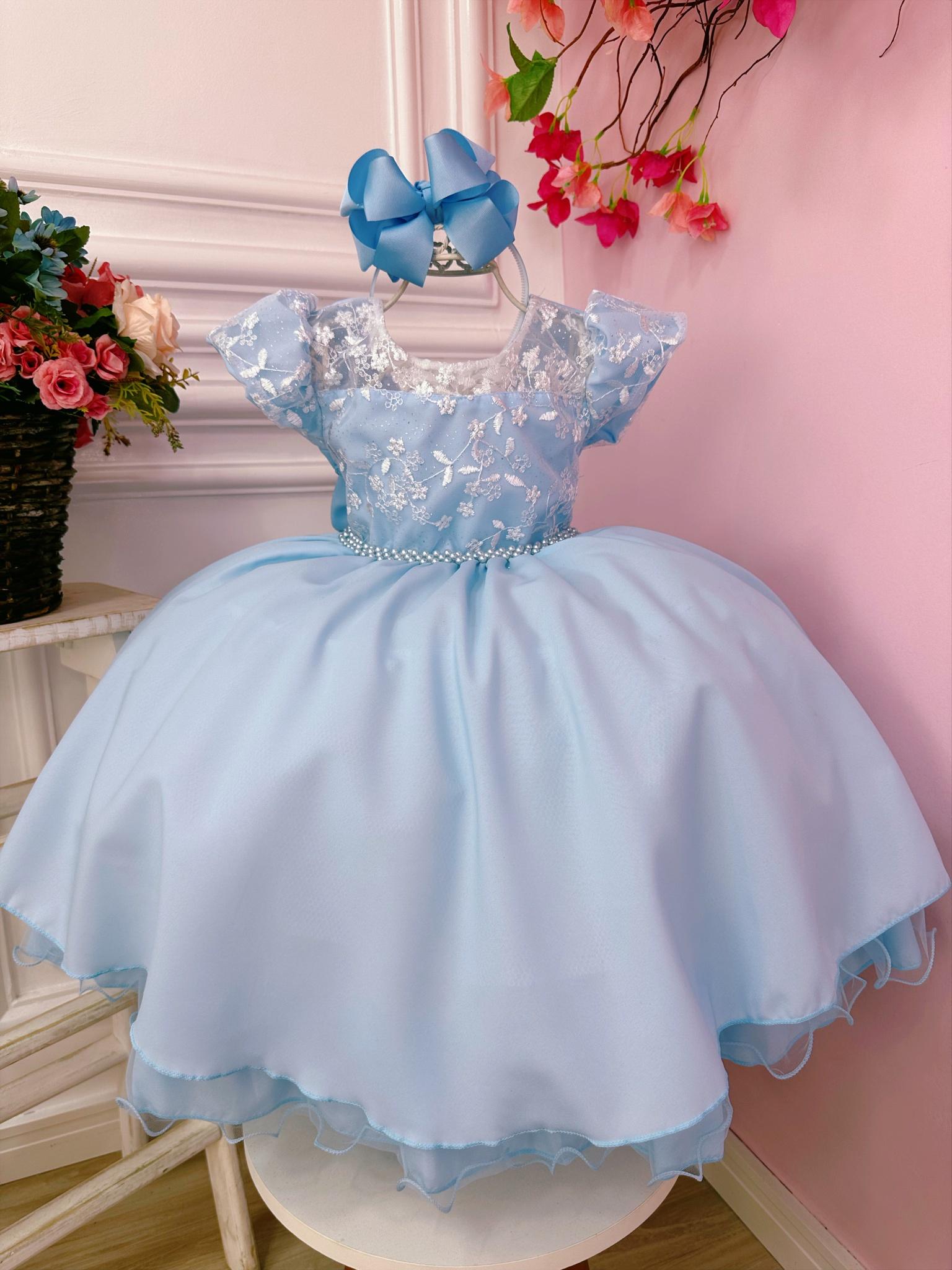 Vestido Infantil Azul Bebê e Renda C/ Glitter Cinto Pérolas