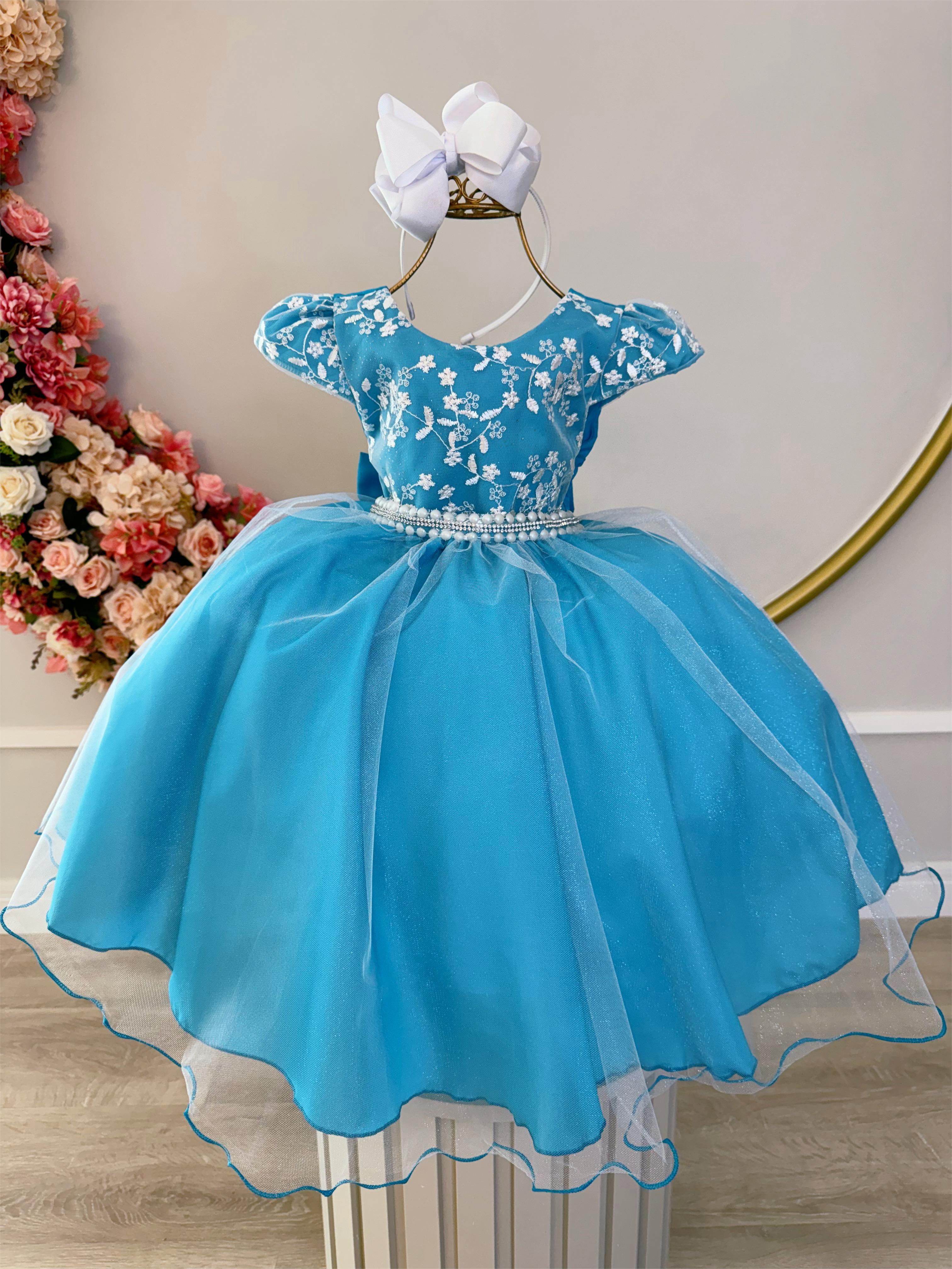 Vestido Infantil Azul C/ Renda e Pérolas Strass Luxo