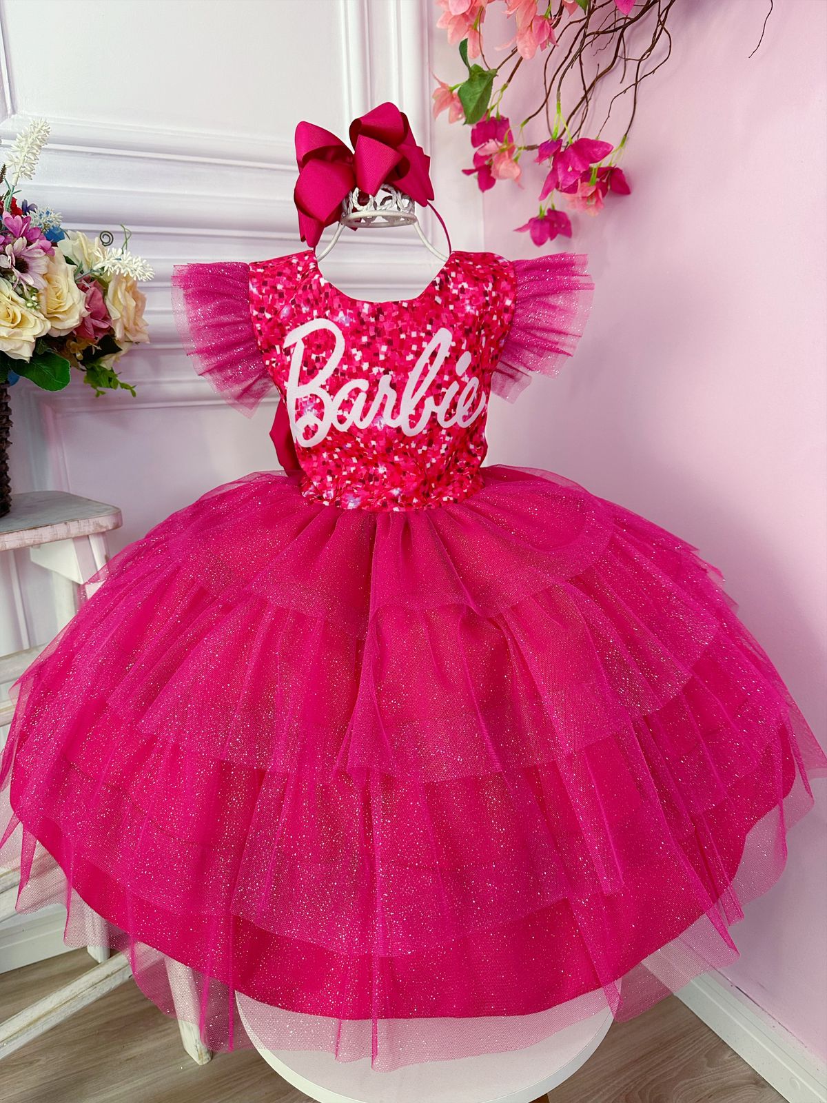 Vestido Barbie Girls Pink Luxo Laço No Ombro Menina Infantil