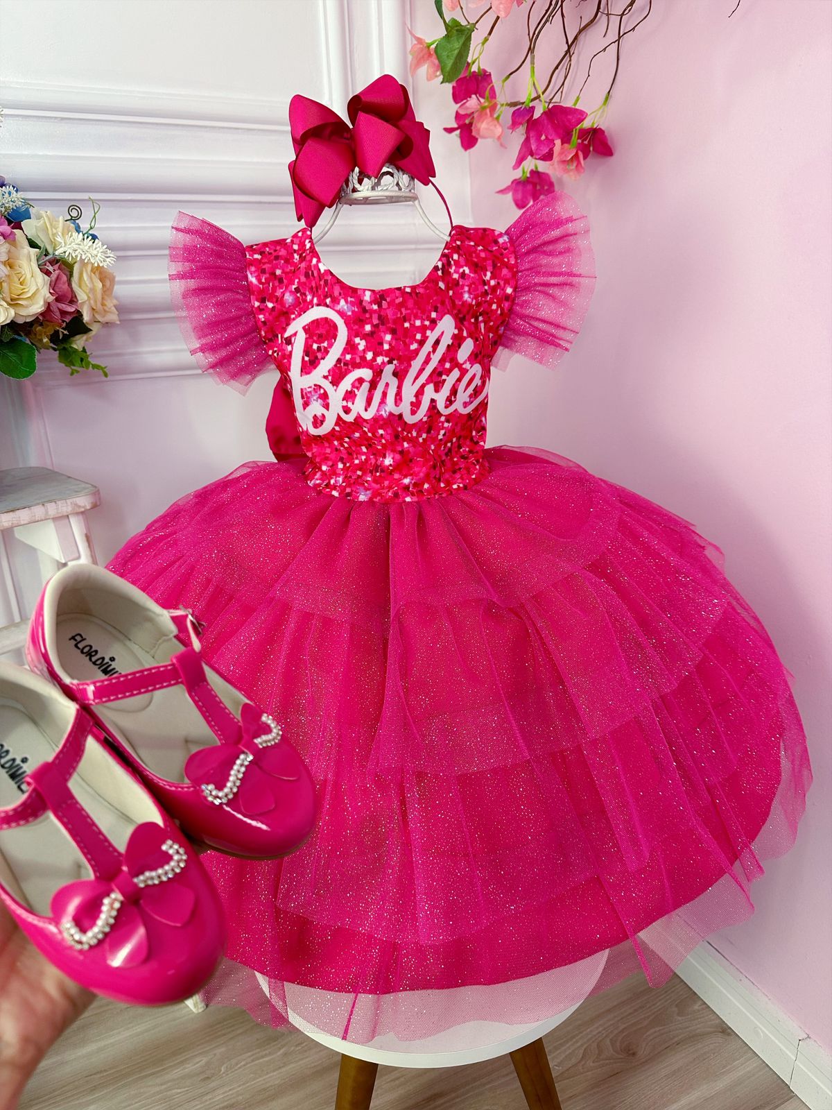 Vestido Barbie Girl Rosa Com Babado Menina Infantil