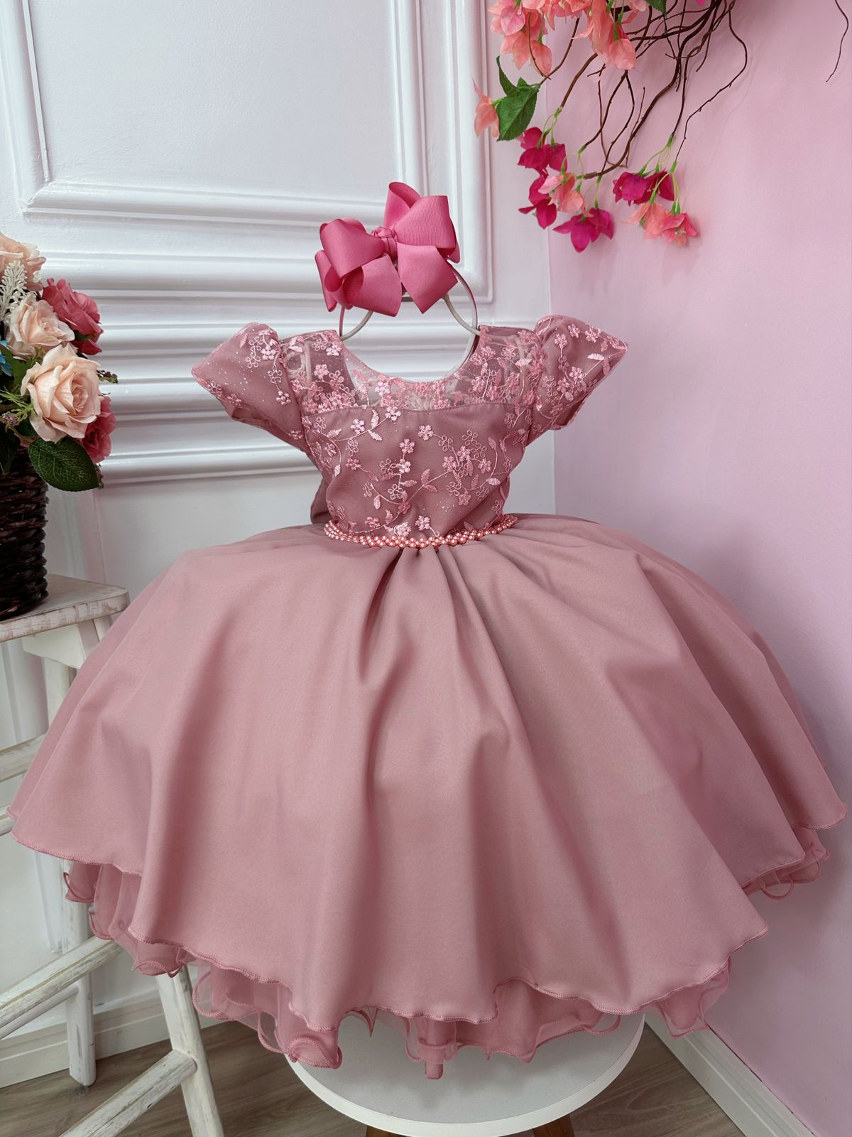 Vestido Infantil Rose e Renda Com Glitter Cinto de Pérolas