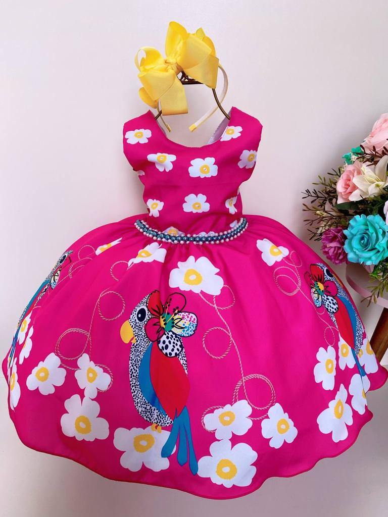 Vestido Infantil Pink Papagaios Floral Com Cinto de Pérolas