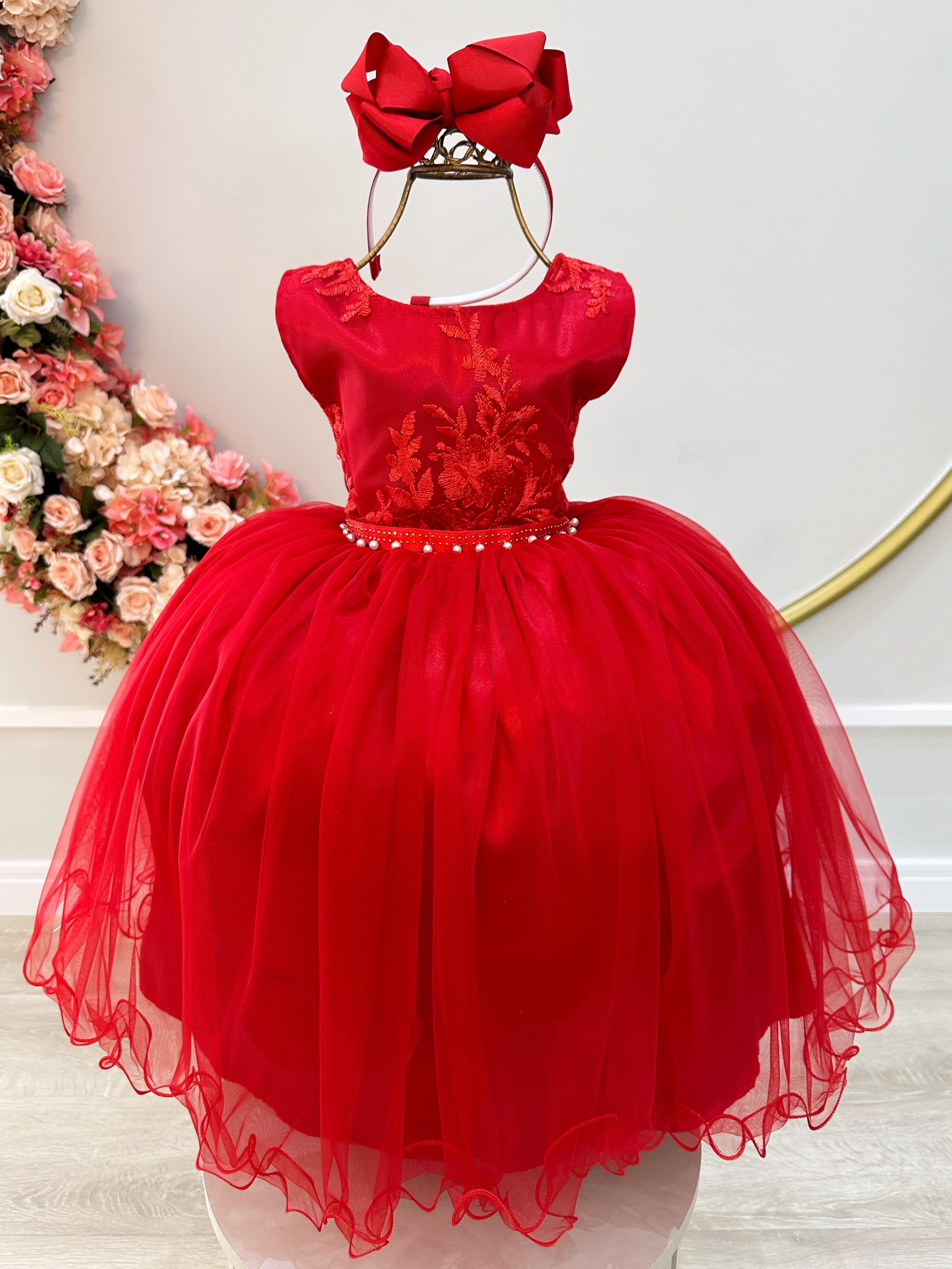 Vestido Infantil Vermelho Damas de Honra Cinto Pérola Strass