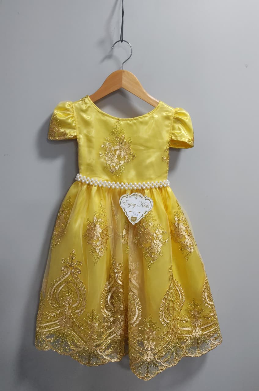 Vestido Infantil Amarelo C/ Renda Dourada Realeza Festas