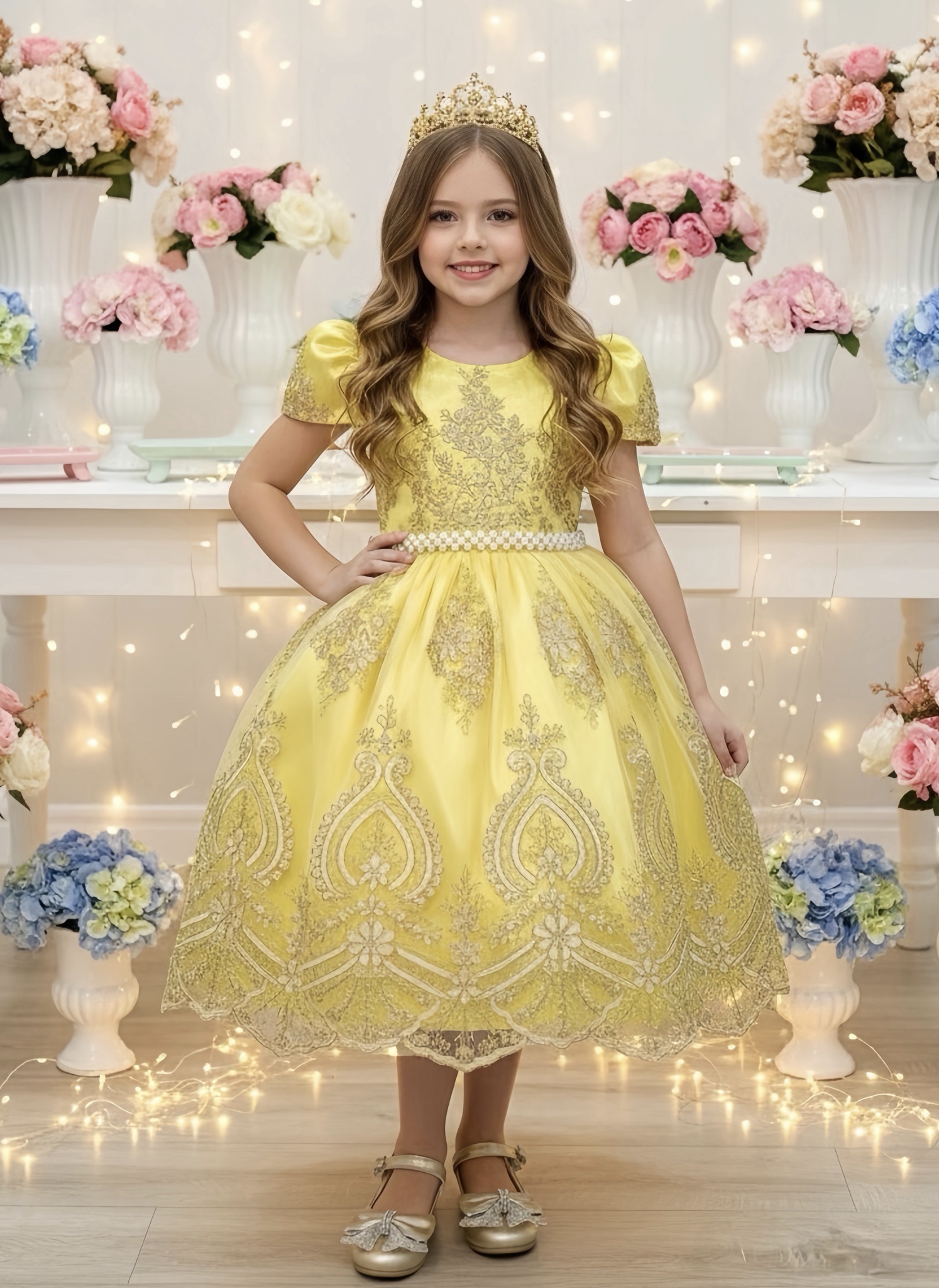 Vestido Infantil Amarelo C/ Renda Dourada Realeza Festas