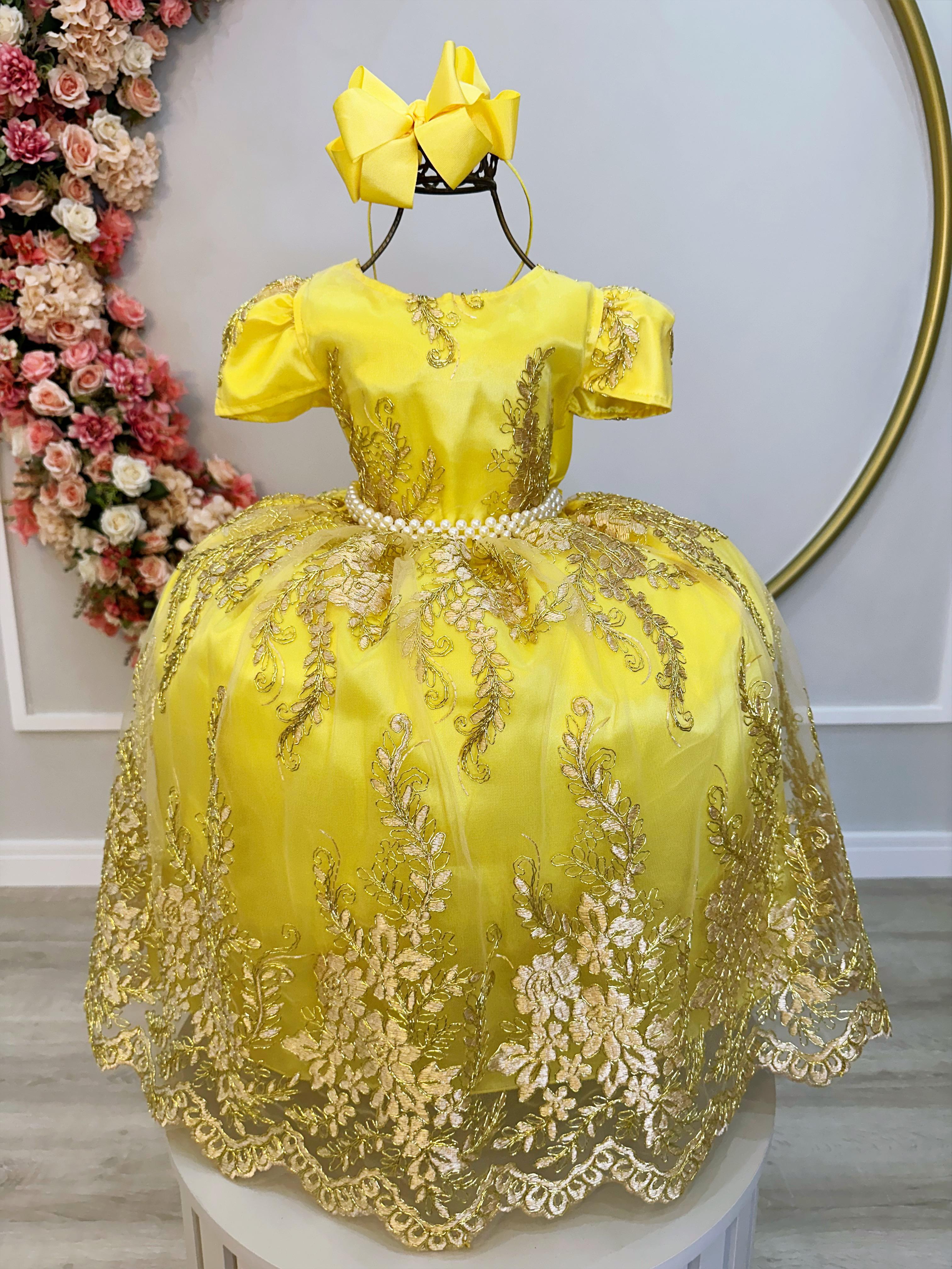 Vestido Infantil Amarelo C/ Renda Dourada Realeza Pérolas