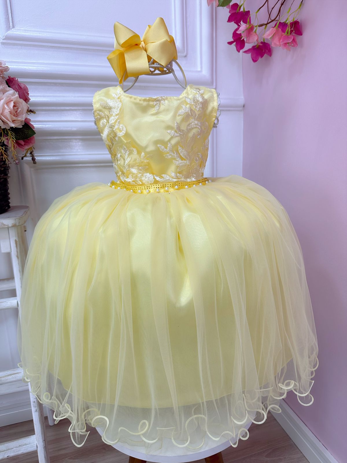 Vestido Infantil Amarelo Damas de Honra Renda Pérola Strass