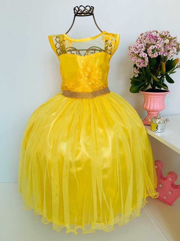 Vestido Infantil Amarelo Renda e Tule com Brilho Damas
